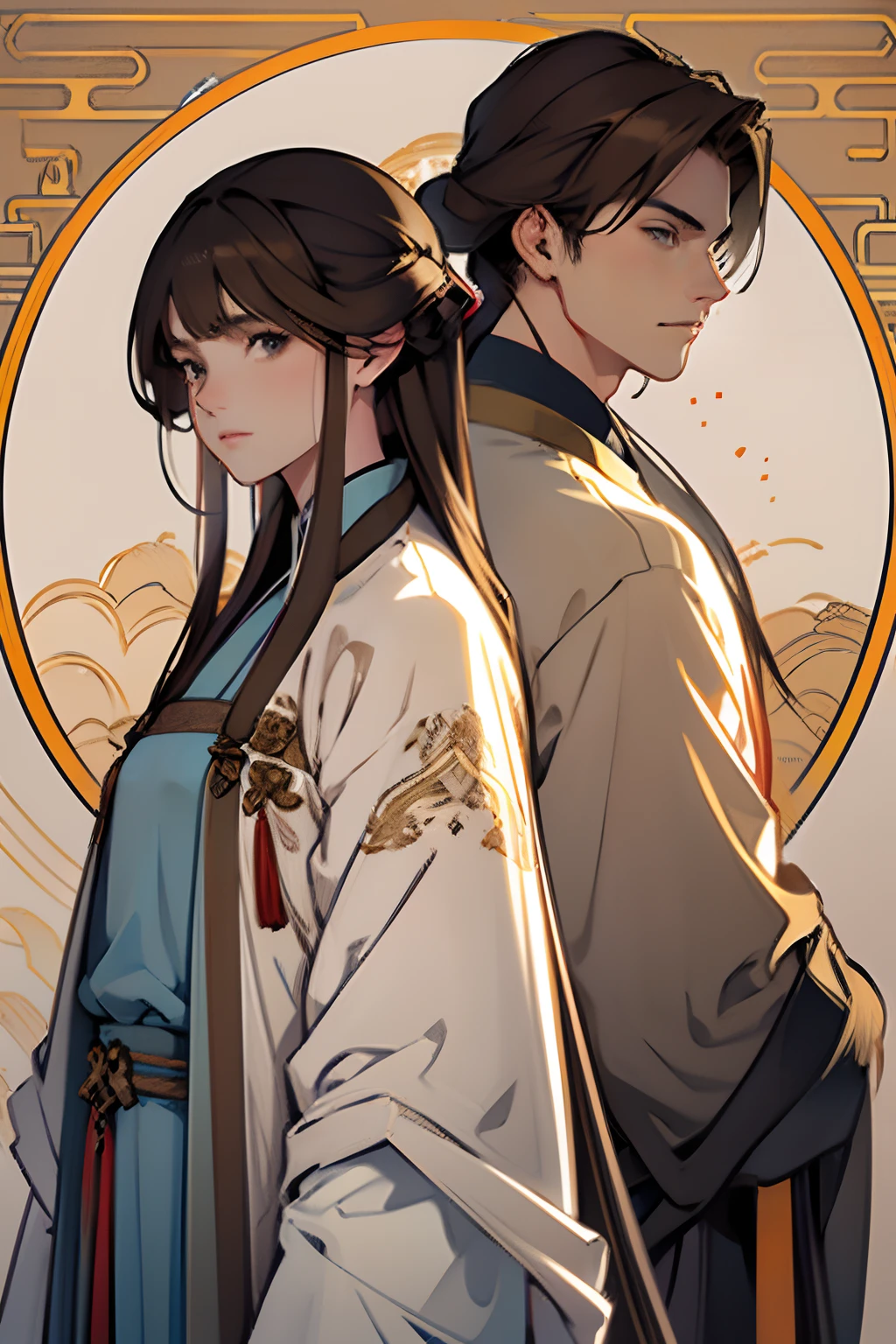 t32k, best quality, masterpiece, super detail, high details, one girl and one boy, two characters who are friends, long wavy blonde hair young man in midnight blue color clothes,long hair man, brown hair young woman in white clothes , brown eyes girl with bangs, back to back , calm expression, ancient china , flat background, Chinese pattern background