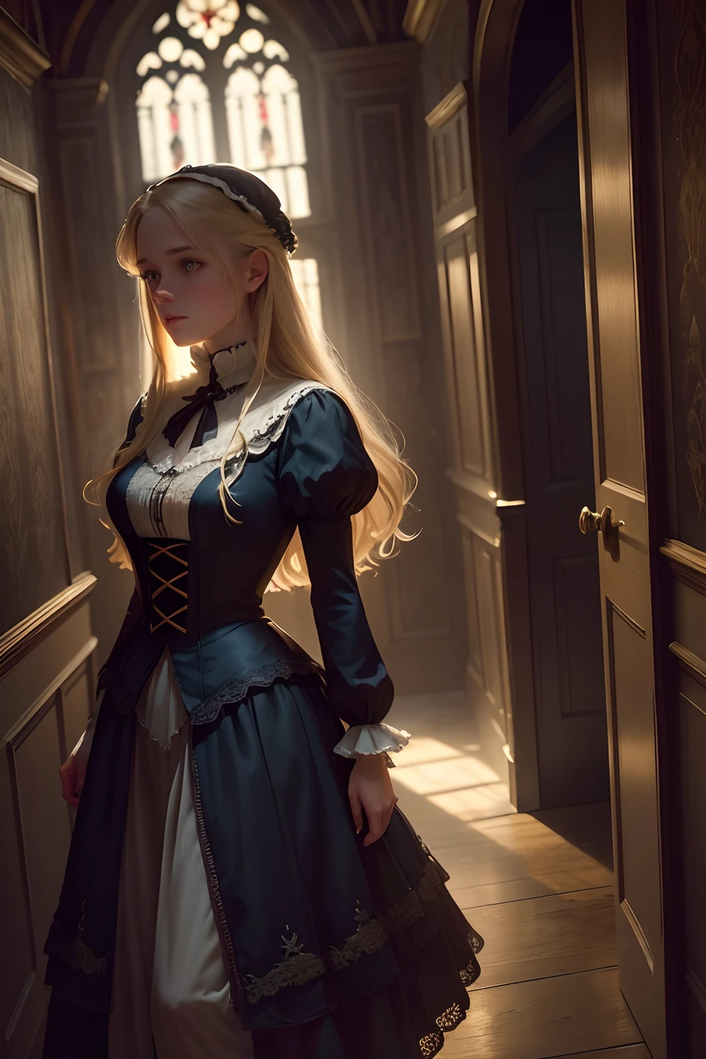 Virginia Otis,,blond hair,blue eyes,thin,cute face,walks at night in Canterville Castle,aged 1887,Victorian dark fantasy,haunting atmosphere,vintage oil painting,charming glow,long dark corridors,creaky stairs,ancient paintings,vivid colors,interplay of light and shadow,ethereal beauty,soft moonlight streaming through stained glass windows,antique furniture,wisps of mist,whispering ghosts,mysterious echoes,haunted hallways,glimmering candlelight,majestic chandeliers,mysterious figures lurking in the shadows,moonlit gardens,overgrown ivy-covered walls,ornate Victorian wallpaper,tattered curtains,dark secrets,gothic architecture,scent of aged books,quietly opening doors,ominous silence,quiet solitude,dusty suits of armor,dark passages leading to hidden chambers,clock tower striking midnight,enchanted portrait,revealing hidden passages,hauntingly beautiful melodies,ghostly apparitions,gentle breeze carrying ghostly whispers,scenes from a bygone era,vintage charm,hauntingly romantic. Big moon , dynamic pose