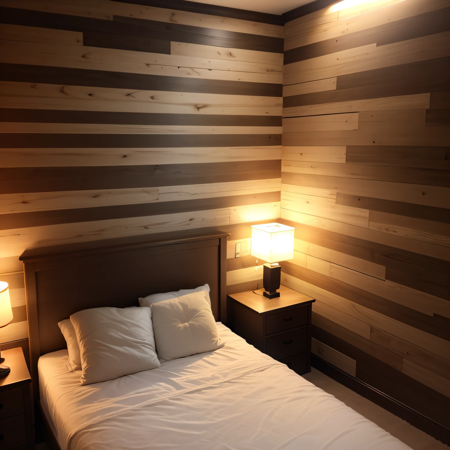 wood wall behind bed with LIGHTING
