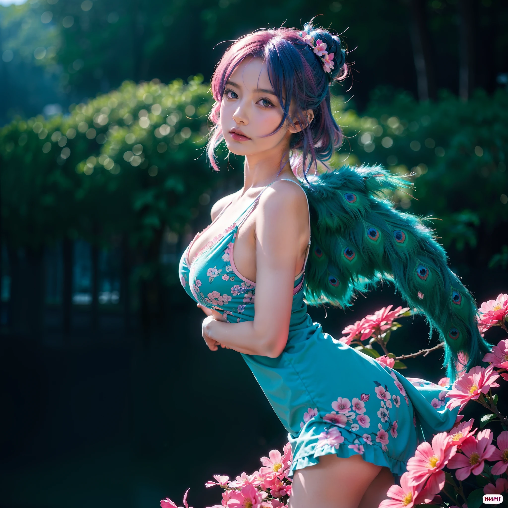 Girl with blue-pink hair and peacock wings, Inspired by Narihiko-kun, cgsociety, 🌺 Anime style. 8K, anime style 3D, popular in CGSTATION, High quality detail art in 8K, Guvez style artwork, Fantasy Art Style, Realistic Anime 3D Style, anime inspiration, Anime style mixed with Fujifilm