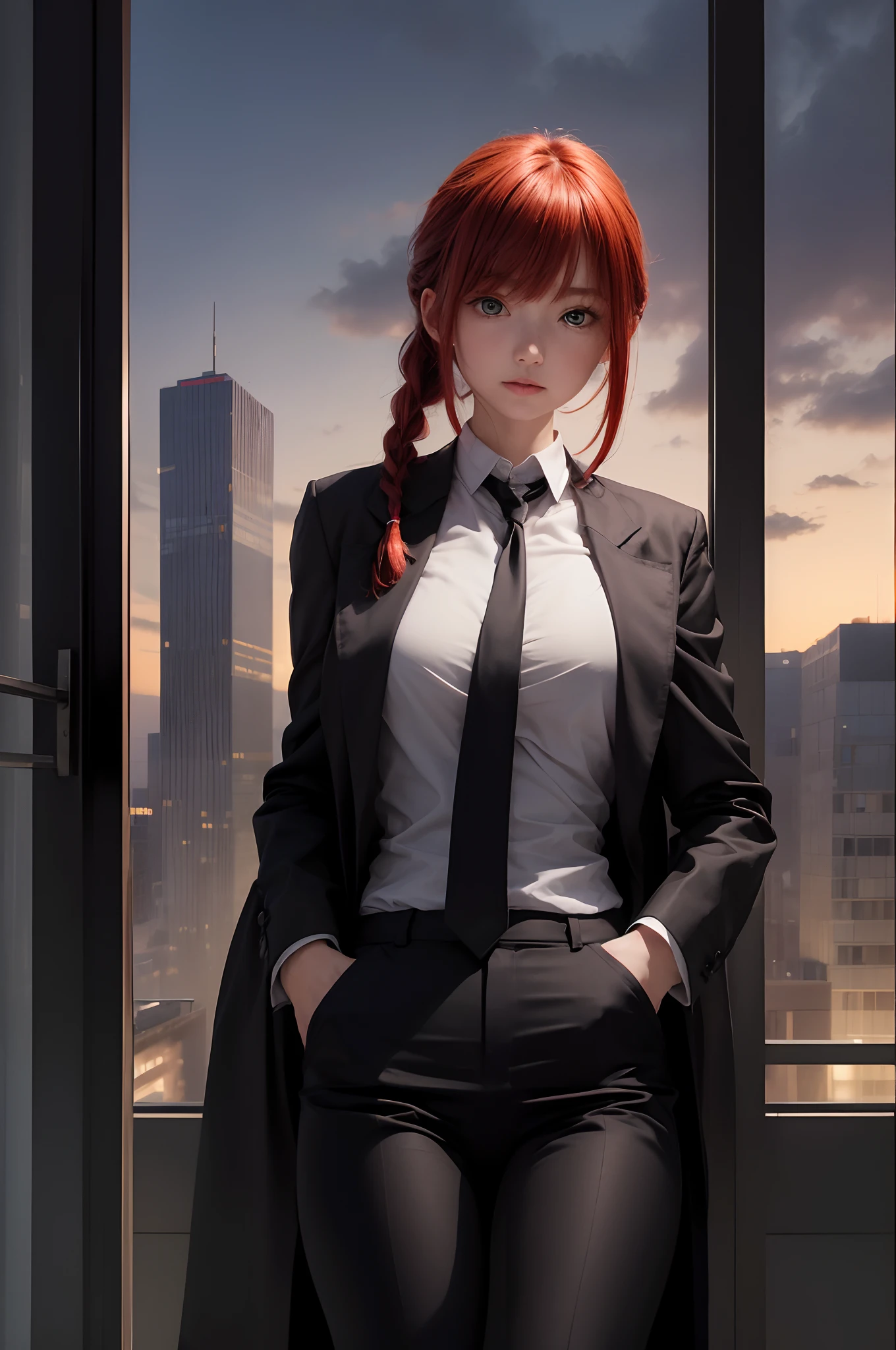 the Extremely Detailed CG Unity 8K Wallpapers,top-quality,ultra-detailliert,masterpiece,realisitic,Photo Real,Bright lighting,extremely detailed cute girl,,Innocent eyes,A detailed eye,(red haired),(long hair),(bangss),flawless skin,shinny skin,fair white skin,Fine skin,large full breasts,((perfect anatomia,nice hand,perfect hand,Five fingers connected to the palm of the hand,accurate hands without incongruity)),Show off panties、pantyshot、(Japanese girls' makima chainsaw))、front facing、((dynamicposes)))、((Sit with both knees upright))、((sit on stairs))、Inner thigh-sitting、a park、Mini Pleated Skirt、blazers