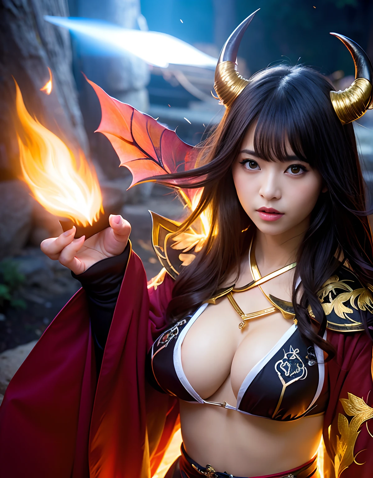 ((World of Darkness)),Professional , masterpiece、top-quality、photos realistic , depth of fields 、(sexypose)、(Background of cherry blossoms in full bloom),(Ultimate Beauty)、A dark-haired、(White bikini armor)、(Kimono with beautiful pattern)、(Night background)、((a dark night)),(Wear a beautiful kimono),(Wear a beautiful kimono with colorful floral patterns)、Jewel Gold Weapon、Particles of light),(Has a devil's mask)、Gorgeous gold weapons ,(( Gorgeous Dragon Sword)) , (a dark night),,(maikurobikini) 、((Black Haired Beautiful Girl))、(Castle background)、(demonic wings)、((Gangle's forest background))、Beautiful Caucasian beauty、1a person、dynamic ungle,(((Two devil's horns on the head)))、Smaller head、Idle Smile、Thin and beautiful female hands、Mystical expression、Light Effects、intense fighting、Wind-effect、magic circles、With the legendary magic wand、Dragon's tail、