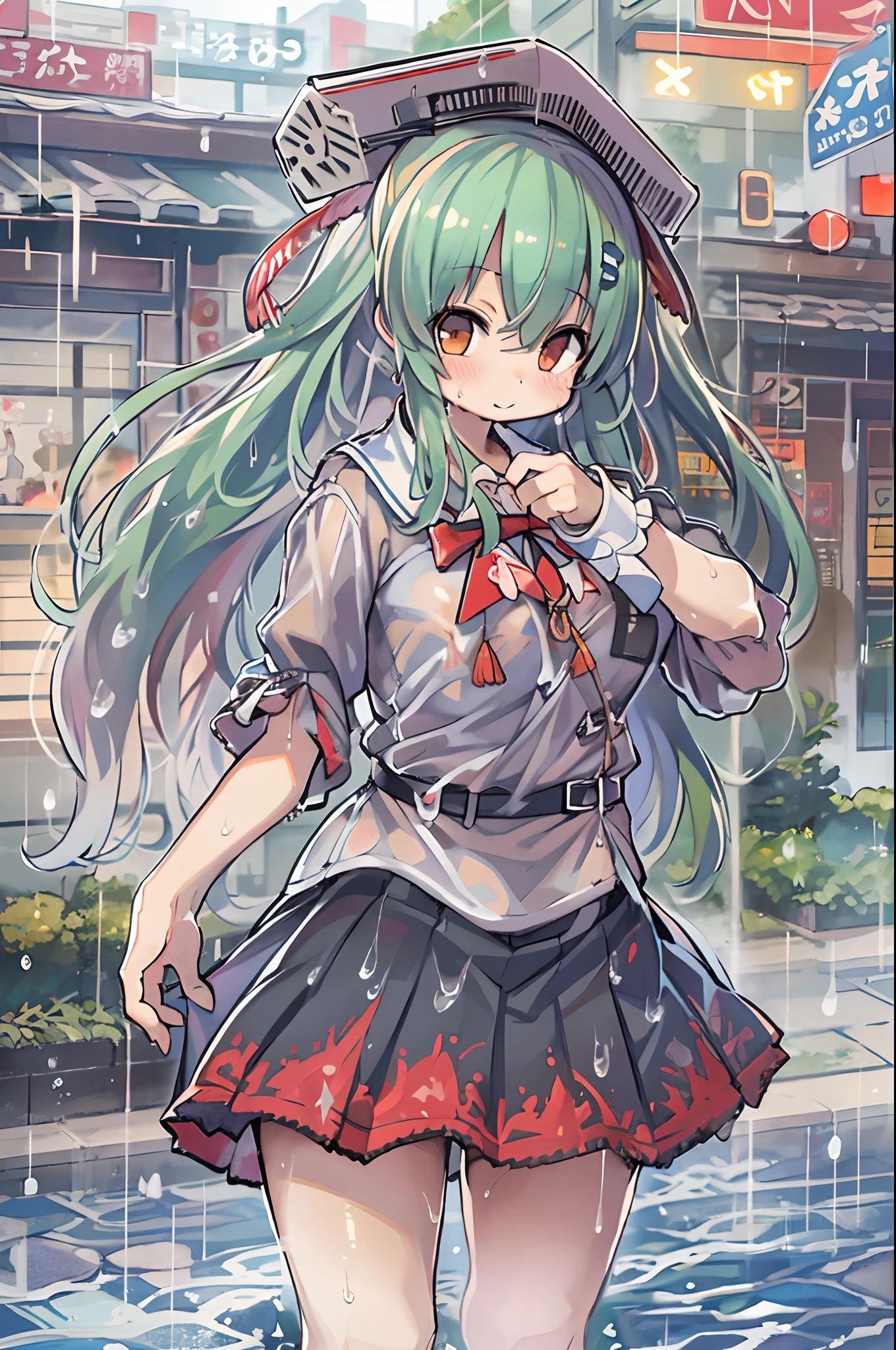 Best Quality, hight resolution, absurderes, Ultra-detailed, Suzuya_(kancolle), 1girl in, long_hair, Skirt, Solo, Shirt, Rain, Wet_Clothes, hair_ornament detached, Wet, Underwear, pleats_Skirt, See-through, bowtie, Red_Bow、bbw、thick thight、big butts、Ultramammy