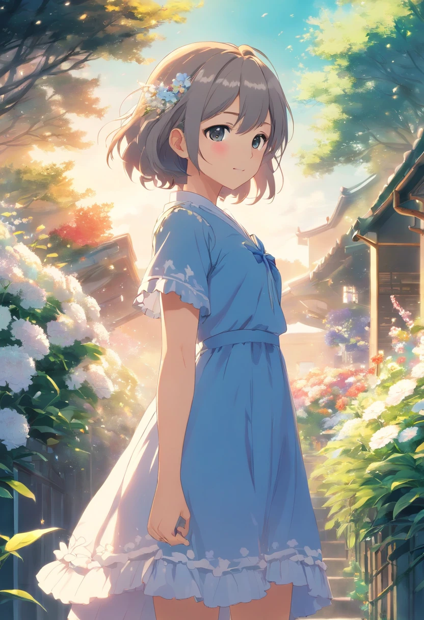 (tmasterpiece、top-quality、illustratio、Extremely high quality、high-level image quality、Extremely sensitive writing)Girl with long silver hair standing in beautiful flowery garden、A slight smile、She has a large bouquet、Cute national costume style dress，There are ruffles on the shoulders、Hair fluttering in the wind