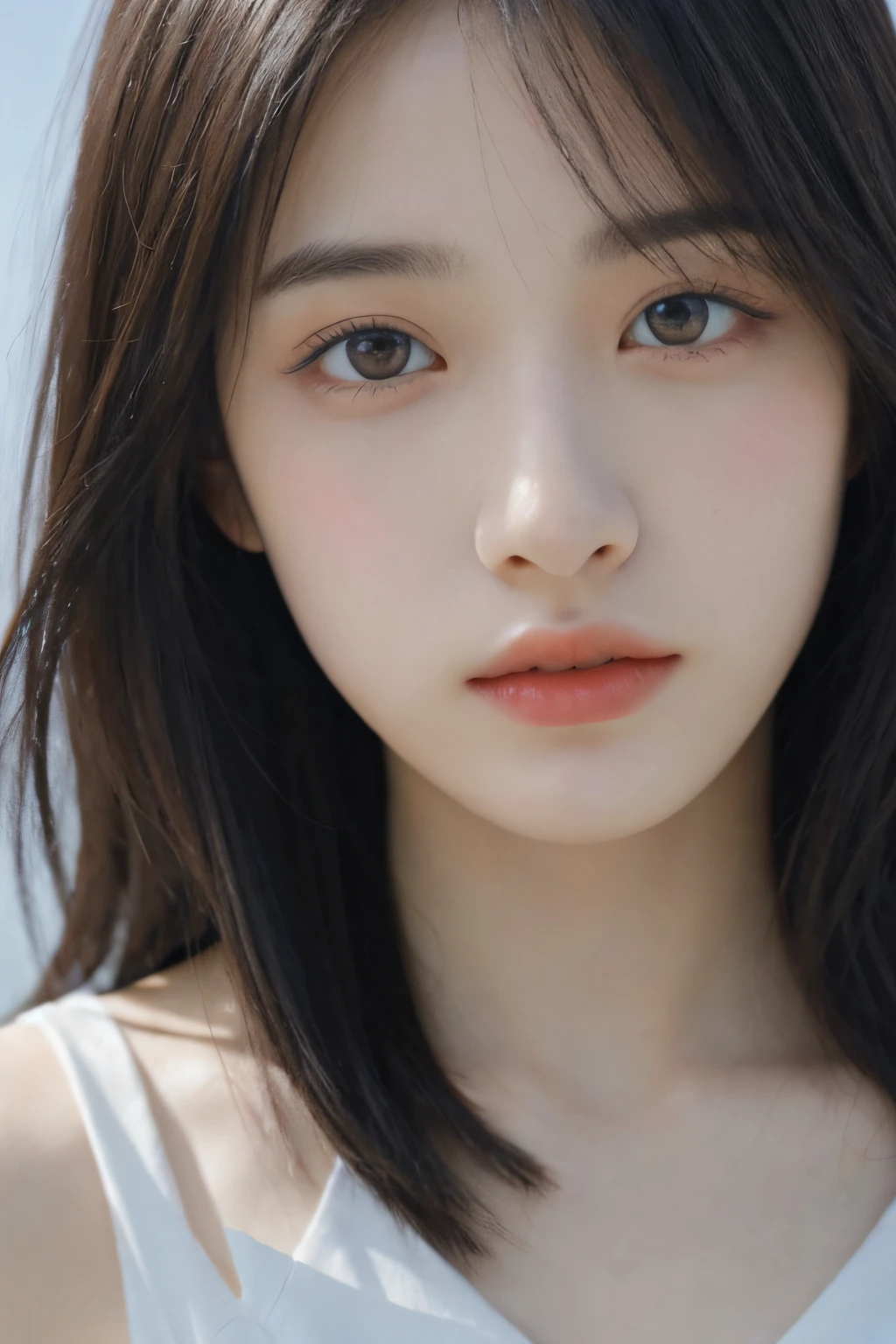 masterpiece, highest quality, 8k, 20th Generation, Big Breasts, cute, alone, sad, cute, Girlish, cute、Delicate girl, Pure beauty, RAW Photos, Professional photography, Portraiture, Soft Light, Professional Lighting, Backlight, Upper Body, avert your eyes, Sophisticated, Film Grain, (Round face、Young face、Thin eyebrows、Thin lips:1.0), Floating hair, beautiful, Flowing hair, bangs, White blouse、pastel cardigan、(Big Breasts:1.2)、A little bit of cleavage is visible、dolly make、Heterochromia iridis、Left and right eyes are different colors