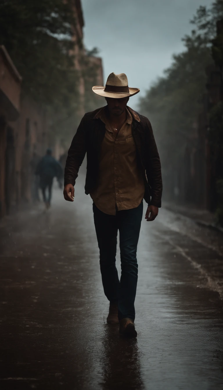 Un hombre joven con sombrero musculoso, caminando en una tormenta con rayos