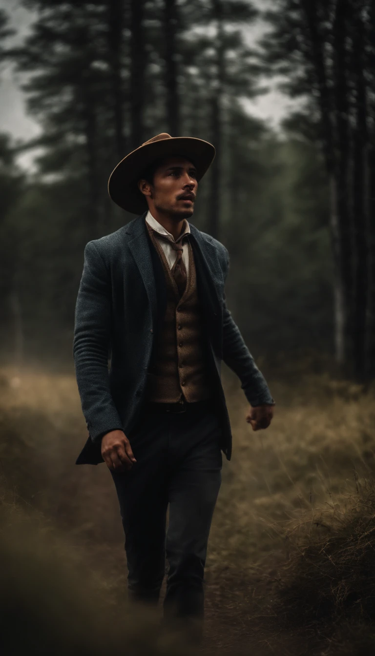 Un hombre joven con sombrero musculoso, caminando en una tormenta con rayos
