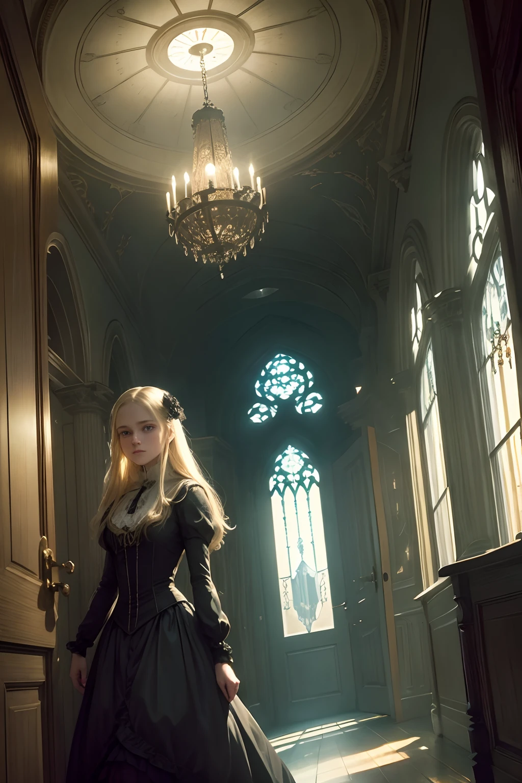 Virginia Otis,15 years old,blond hair,blue eyes,thin,cute face,walks at night in Canterville Castle,aged 1887,Victorian dark fantasy,haunting atmosphere,vintage oil painting,charming glow,long dark corridors,creaky stairs,ancient paintings,vivid colors,interplay of light and shadow,ethereal beauty,soft moonlight streaming through stained glass windows,antique furniture,wisps of mist,whispering ghosts,mysterious echoes,haunted hallways,glimmering candlelight,majestic chandeliers,mysterious figures lurking in the shadows,moonlit gardens,overgrown ivy-covered walls,ornate Victorian wallpaper,tattered curtains,dark secrets,gothic architecture,scent of aged books,quietly opening doors,ominous silence,quiet solitude,dusty suits of armor,dark passages leading to hidden chambers,clock tower striking midnight,enchanted portrait,revealing hidden passages,hauntingly beautiful melodies,ghostly apparitions,gentle breeze carrying ghostly whispers,scenes from a bygone era,vintage charm,hauntingly romantic. Big moon , dynamic pose