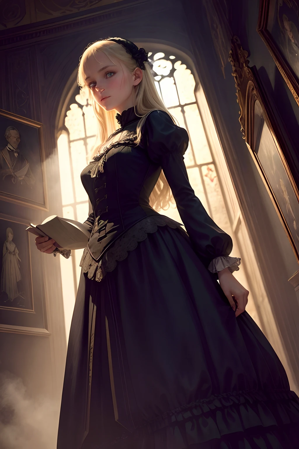 Virginia Otis,15 years old,blond hair,blue eyes,thin,cute face,walks at night in Canterville Castle,aged 1887,Victorian dark fantasy,haunting atmosphere,vintage oil painting,charming glow,long dark corridors,creaky stairs,ancient paintings,vivid colors,interplay of light and shadow,ethereal beauty,soft moonlight streaming through stained glass windows,antique furniture,wisps of mist,whispering ghosts,mysterious echoes,haunted hallways,glimmering candlelight,majestic chandeliers,mysterious figures lurking in the shadows,moonlit gardens,overgrown ivy-covered walls,ornate Victorian wallpaper,tattered curtains,dark secrets,gothic architecture,scent of aged books,quietly opening doors,ominous silence,quiet solitude,dusty suits of armor,dark passages leading to hidden chambers,clock tower striking midnight,enchanted portrait,revealing hidden passages,hauntingly beautiful melodies,ghostly apparitions,gentle breeze carrying ghostly whispers,scenes from a bygone era,vintage charm,hauntingly romantic. Big moon , dynamic pose