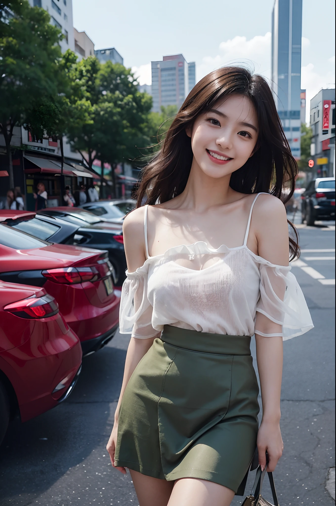 arafed woman standing in front of a tall tower with a smile, mid shot portrait, taken with canon eos 5 d mark iv, japanese streetwear, medium portrait, in front of ramen shop, outlive streetwear collection, portrait of a japanese teen, shot on sony a 7 iii, chiho, taken with canon 8 0 d, a young asian woman, mid shot portrait, portrait of a japanese teen, portrait of female korean idol, anime style mixed with fujifilm, cowboy shot、bokeh dof:1.2、plein air、1980s\(styles\)、Vintage Details、A city scape、 1 Teenage girl,A fitted,独奏,(Bright smile:1.3),(1980s dresses,(See-through skirt:1.2)),(shortsleeves,off shoulders:1.1),dynamicposes,Look at viewers, (medium_breasts:1.2)、(floating_hair)、tiny_waist、(realistic_detailed_skin_texture:1.1)、good hand、pin-up、good feet、This scene is、Beautiful depth of field and a little blurry、Nostalgic background、Film Portrait Photography、35mm film、filmg、(8k、RAW Photography、top-quality、masterpiece:1.2)、(realisitic、Photorealsitic:1.4)、超A high resolution、photon maping,Radio City,((Hasselblad photo)),physically-based renderingt,Professional Soft Writing,Facial light,
