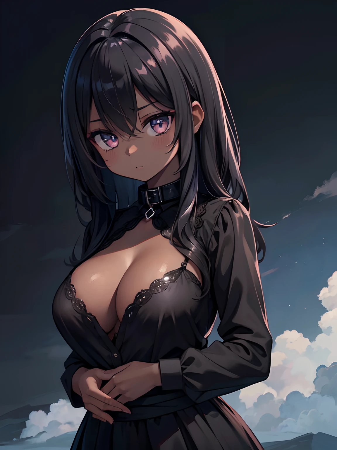 1 girl, (dark skin:1.2), shy, cute, cold expression, (8k, RAW photo, best quality, masterpiece:1.2) ultra-detailed, Super detailed, vivid colors, studio lighting, portrait, black coloured eyes, Night clouds background, Aesthetic, romantic, Luna, wearing goth collar, black hair, unbuttoned shirt revealing her chest, head to waist, sheer shirt