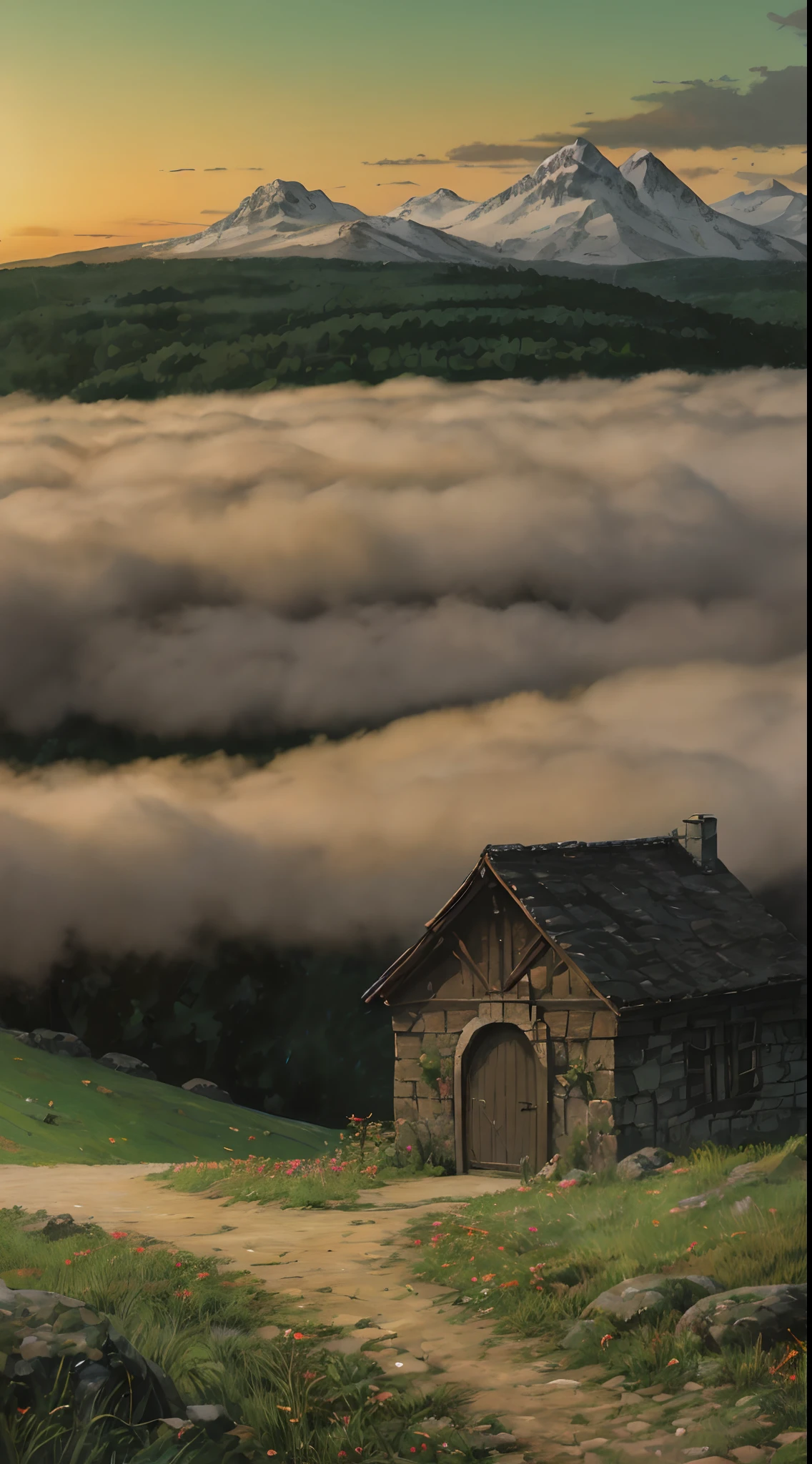 ((high quality))), highly_detailed, extremely_detailed_CG_unity_8k_wallpaper, illustration, high resolution, absurd, beautiful_detailed_build, finely_detailed_architecture, highly_detail_house_, ((best quality)), High saturation, clear, reasonable structure, cartoon style, architecture, bridge, construction, castle, chimney, clouds, cloudy_sky, day, fantasy, gate, grass, house, mountain, no_humans, outdoor, river, landscape, sky, sunset, tree, window, main color orange