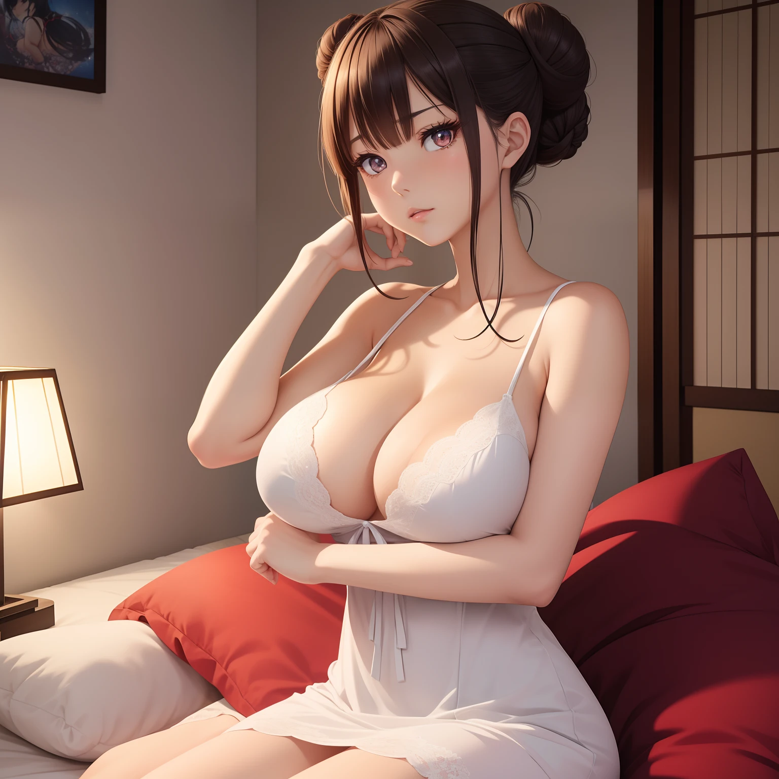 super high image, super detail, super high resolution, portrait, Japanese style anime character, sexy cute female, sparkling big eyes, double eyelids, light brown glossy braided bangs single bun hair, red alluring moist lips, sad expression, amorous expression, lewd expression, huge breasts, under boobs, side boobs, abs, great proportion, perfect proportion, slender, white lace chemise, yokozuwari, futon, Japanese style room, professional lighting, anime, manga, illustration