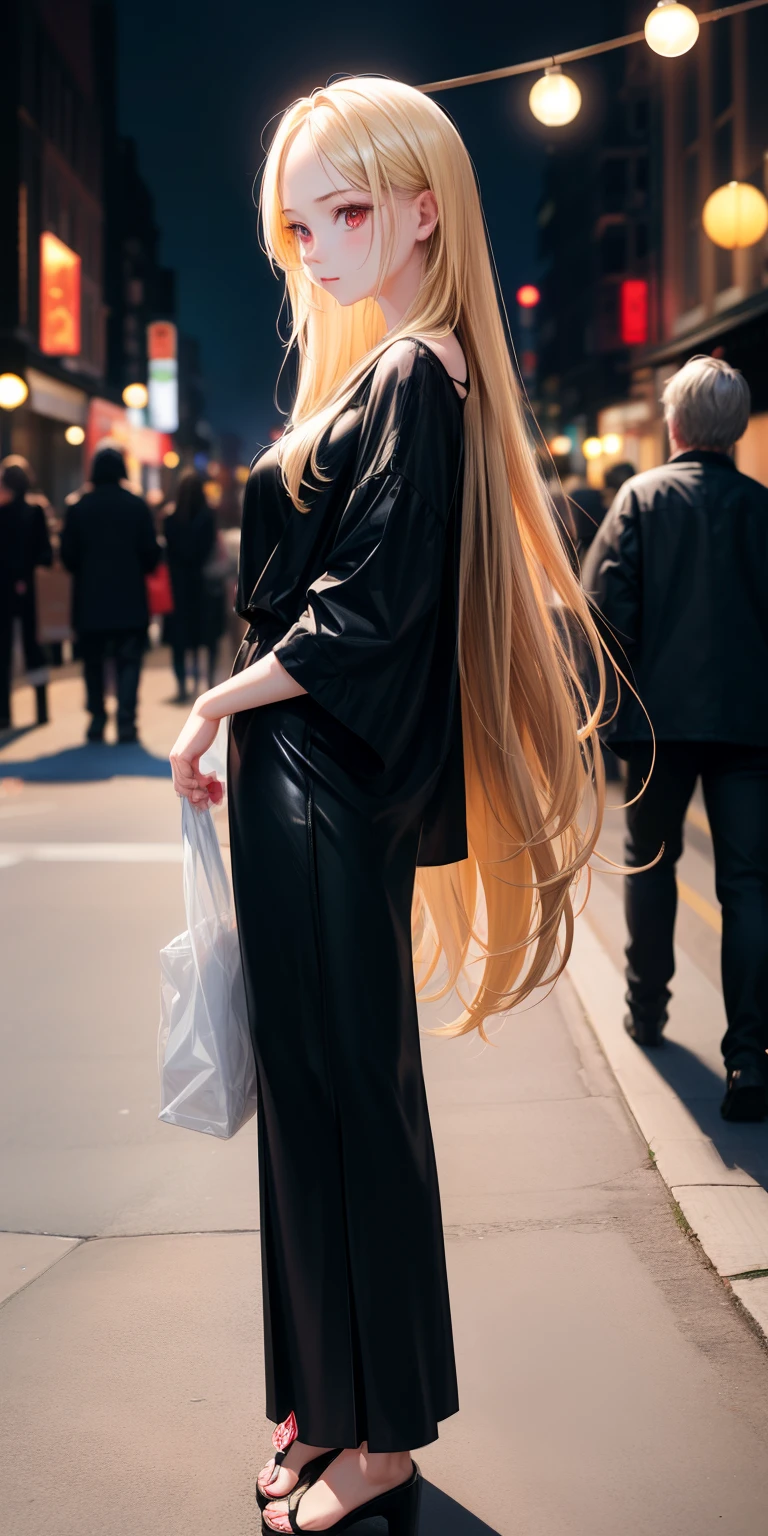 1 adult woman, slightly adult face but cute, long blonde hair, black clothes, clothes with little decor, red eyes, neutral reaction, street scene at night