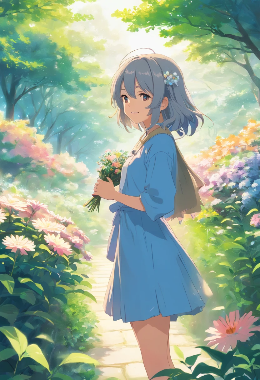 (tmasterpiece、top-quality、illustratio、Extremely high quality、high-level image quality、Extremely sensitive writing)Girl with long silver hair standing in beautiful flowery garden、A slight smile、She has a large bouquet、Cute national costume style dress，There are ruffles on the shoulders、Hair fluttering in the wind