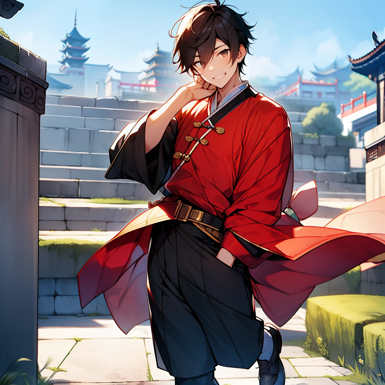 solo person,Libido boy,with short black hair,Keep the temperament exploding,Supple hair,with brown eye,hands in a pocket,Youth,Stand on the city wall,ssmile,self-assured,Optimism,Dressed in Tang costumes with national characteristics,a belt around his waist,Wear cloth shoes on your feet,Ancient Chinese city background
