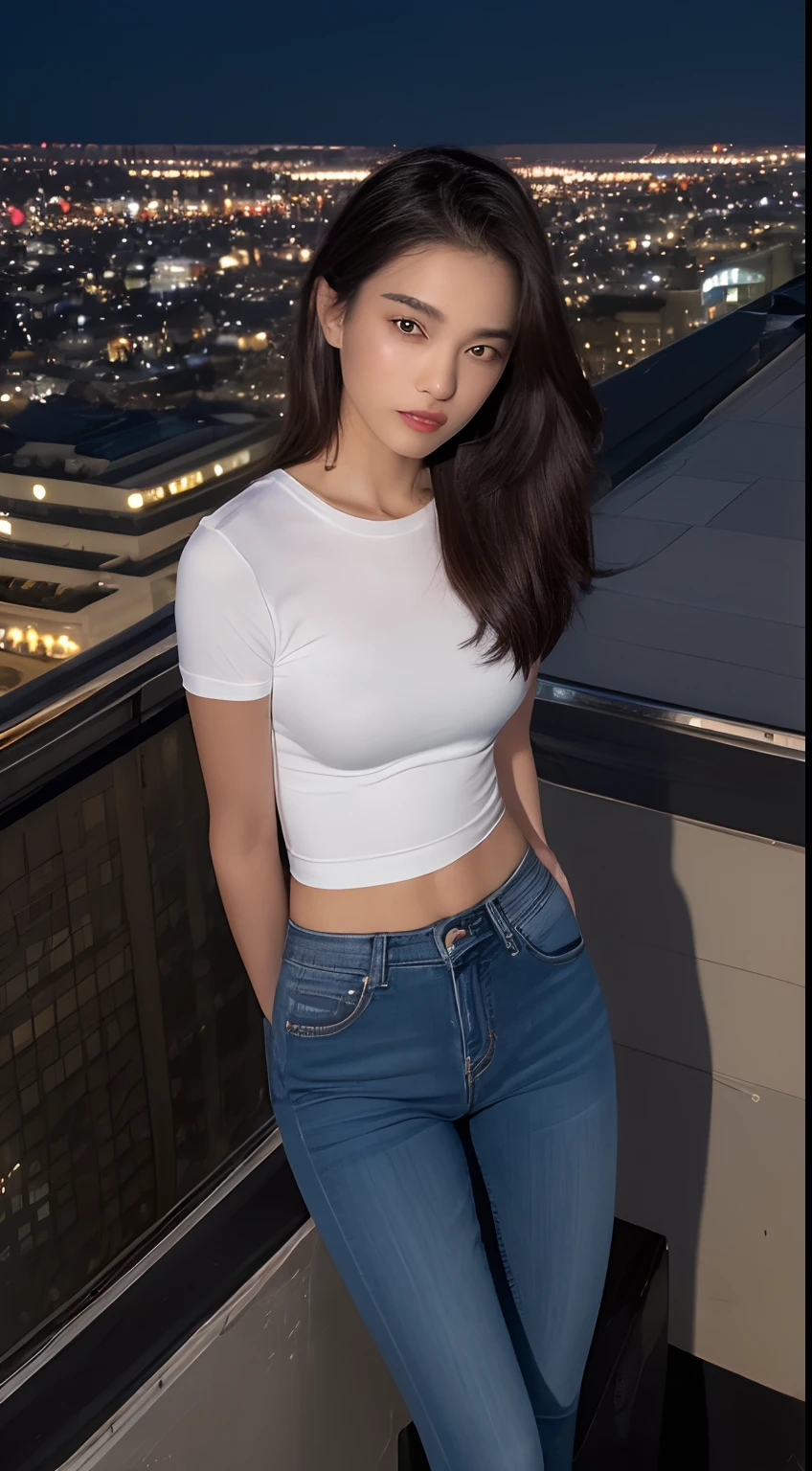 ((mid night、top-quality、8k、masterpiece:1.3)), full bodyesbian, long legged, foco nítido:1.2, Beautiful woman with perfect body shape:1.4, Slender Abs:1.1, ((dark brown_gold gradient hair、beautiful tit:1.2)), (White tight t-shirt、Tight skinny blue jeans 、is standing:1.2), ((Night City View、On the rooftop:1.3)), Highly detailed facial and skin texture, A detailed eye, 二重まぶた