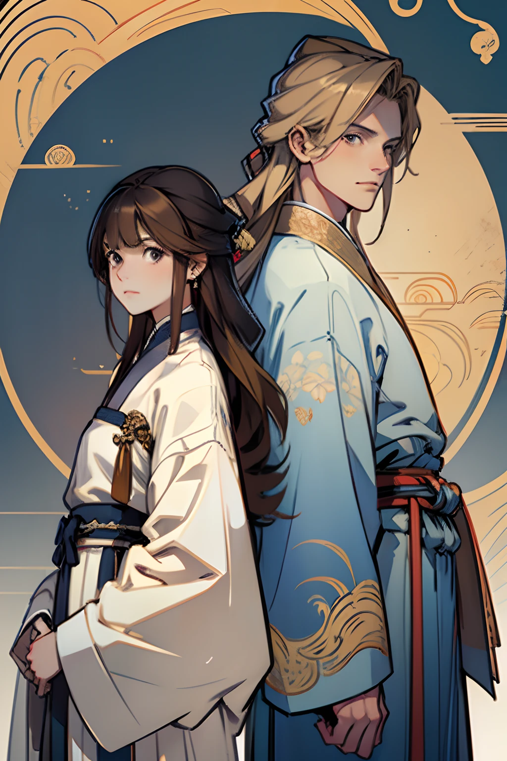 t32k, best quality, masterpiece, super detail, high details, one girl and one boy, two characters who are friends, long wavy blonde hair young man in midnight blue color clothes,long hair man, brown hair young woman in white clothes , brown eyes girl with bangs, back to back , calm expression, ancient china , flat background, Chinese pattern background