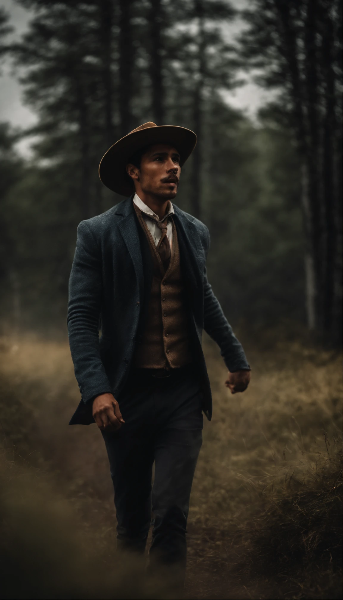Un hombre joven con sombrero musculoso, caminando en una tormenta con rayos