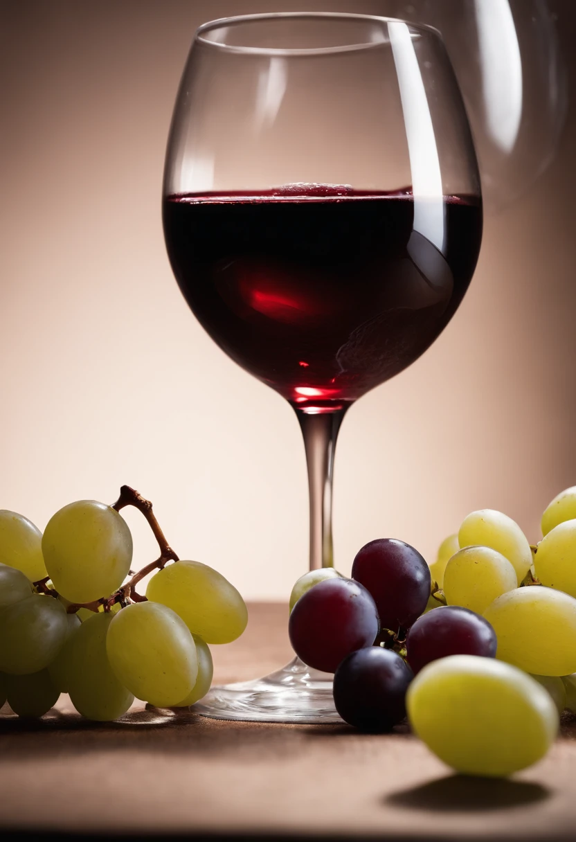 A delicious red wine in a glass with a bunch of grapes floating above it. fondo claro, cinematic colours, profesional photography, Studio lighting. Antecedentes del estudio, advertising photography, Detalles intrincados, hiperdetallado, ultra realista, 8k UHD