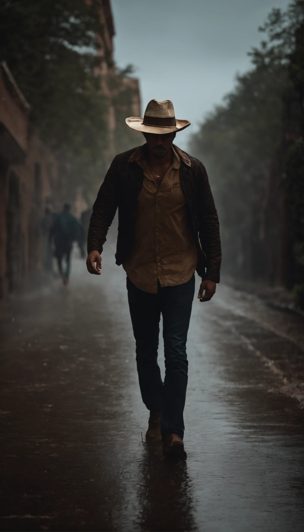 Un hombre joven con sombrero musculoso, caminando en una tormenta con rayos
