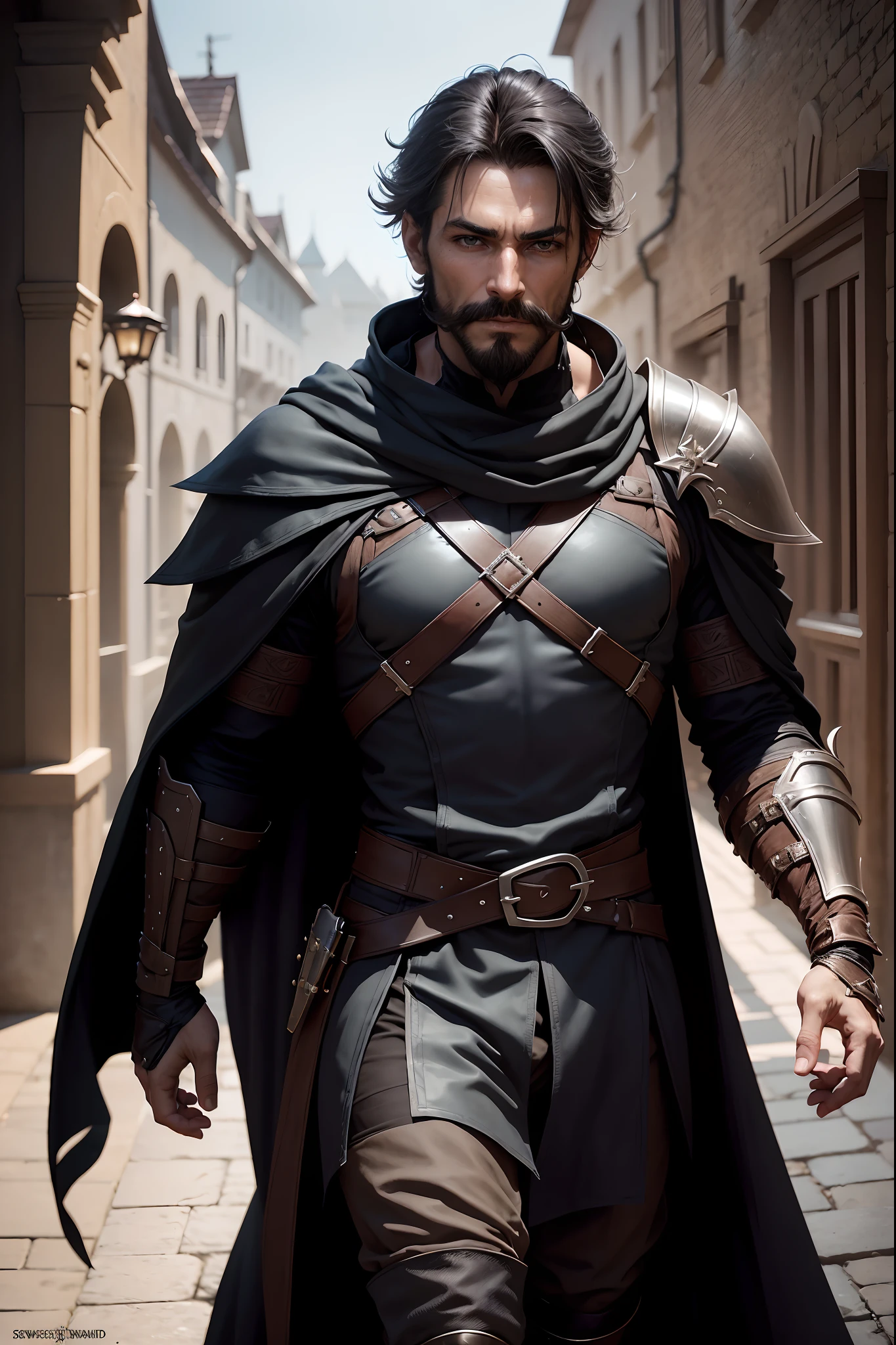 one male rogue, over 40 years old, light rogue black fantasy armor, assassin, 8k, good looking. swashbuckler. full body profile, facing front, high fantasy setting. black cloak, scoundrel face. trimmed mustache and short cropped beard.