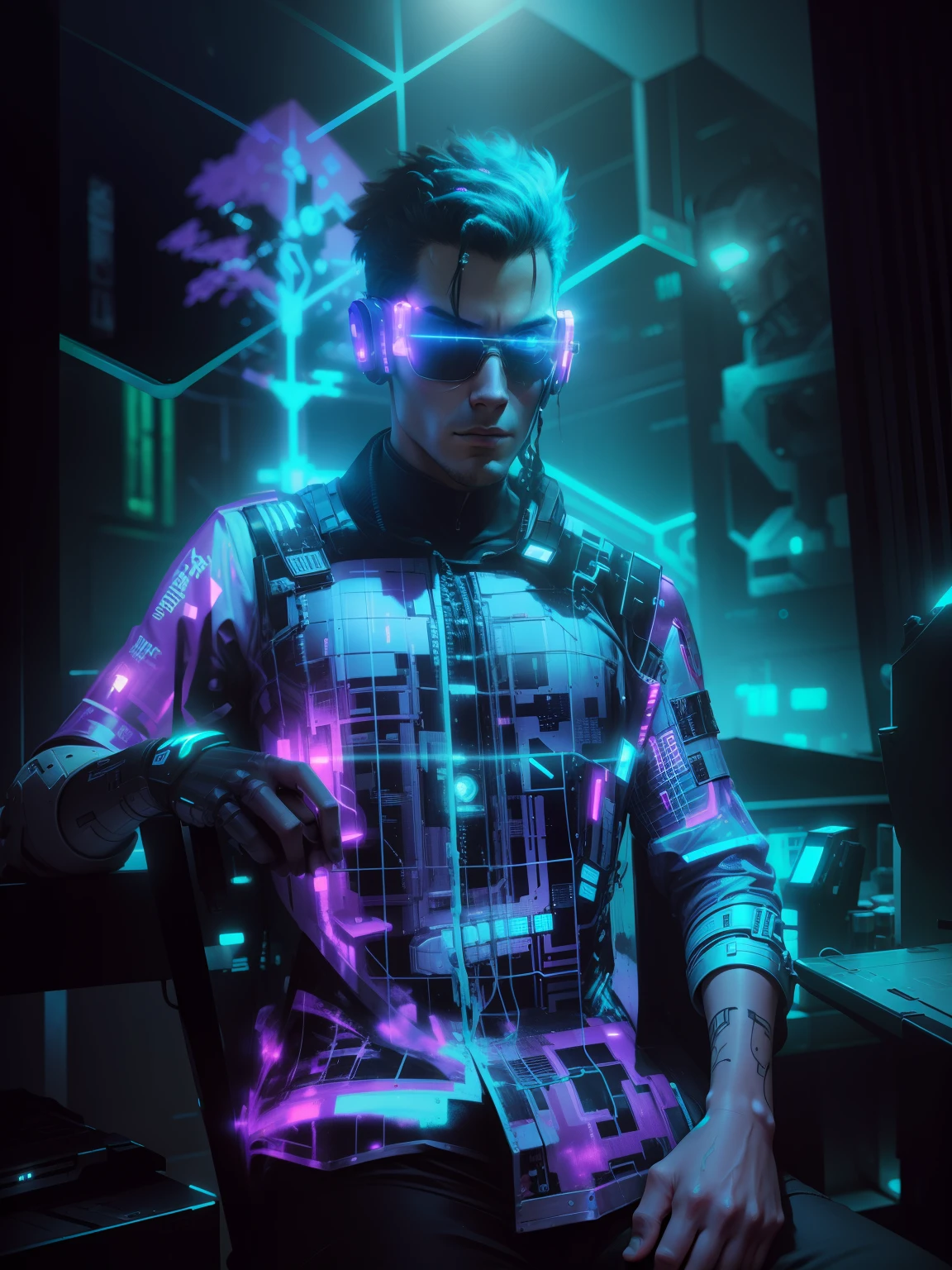 Change background to cyberpunk, lighting, robot