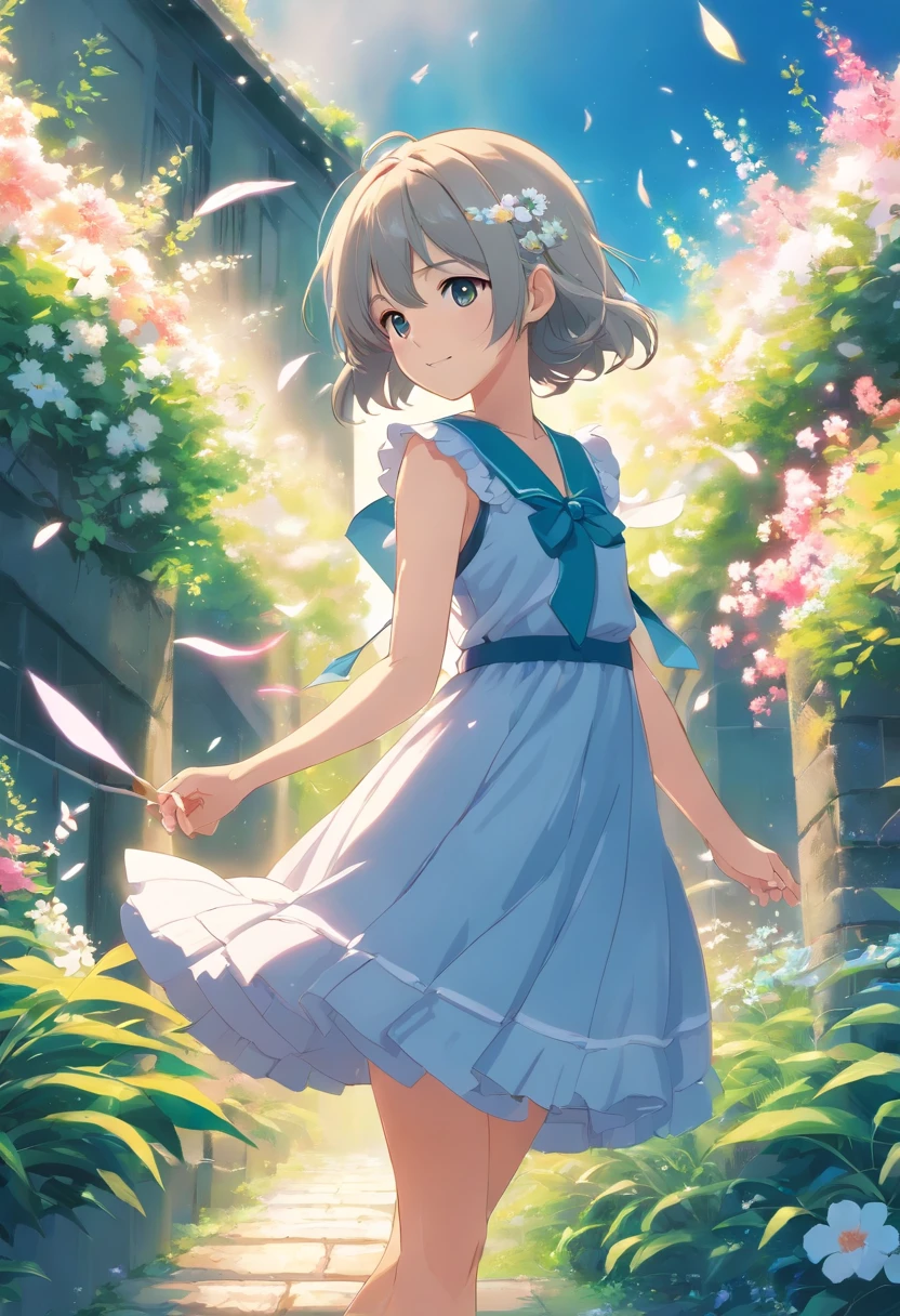 (tmasterpiece、top-quality、illustratio、Extremely high quality、high-level image quality、Extremely sensitive writing)Girl with long silver hair standing in beautiful flowery garden、A slight smile、She has a large bouquet、Cute national costume style dress,There are ruffles on the shoulders、Hair fluttering in the wind
