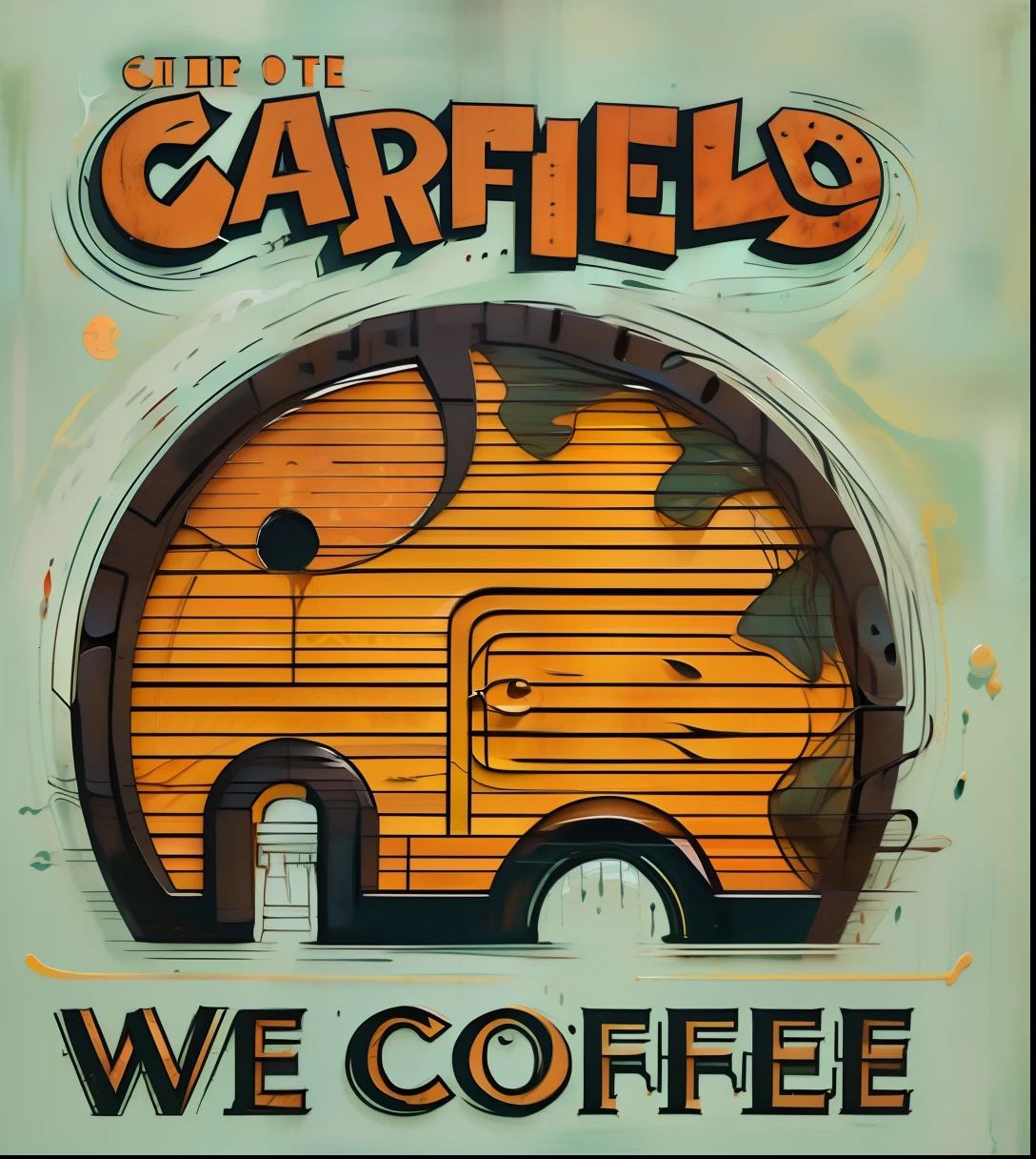 um close up de um sinal com um elefante colorido sobre ele, Garfield, Quadrinhos de Garfield, Arte Warcaft, Caulfield, inspirado em Charles W. Bartlett, we, Zombie Coffee Logo, coffee shop, morning coffee, 🐋 as 🐘 as 🤖 as 👽 as 🐳, coffee smell, Fanart oficial, zombie drinker coffee logo, 🪔 🎨;🌞🌄 , 256k