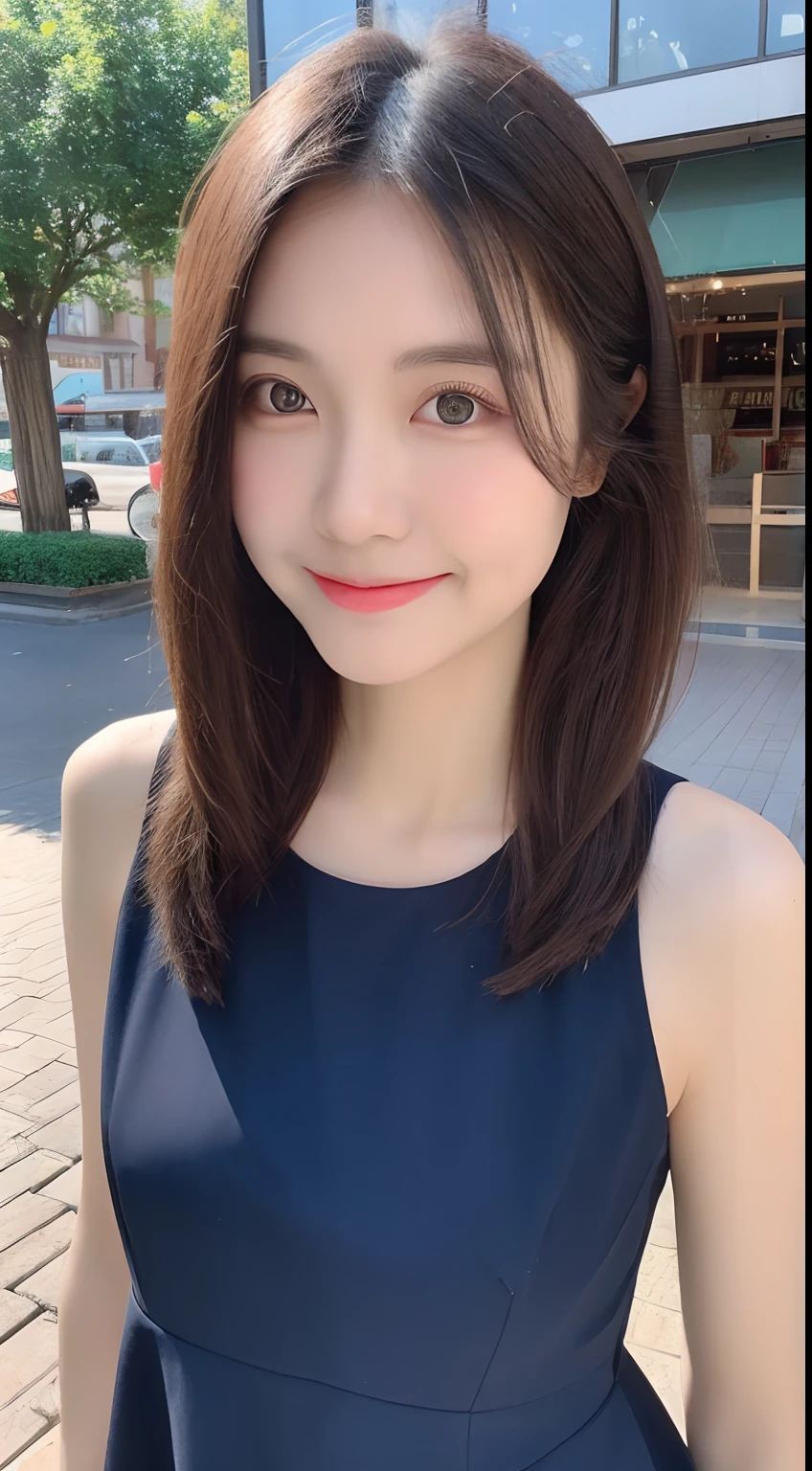 ((Best quality, 8k, Masterpiece :1.3)), 1girl, smiling, full body, slim face, Pretty woman, (Dark brown hair), full length dress :1.1, Ultra-detailed face, Detailed eyes, Double eyelid, blur background, slim face, city, outside, street,