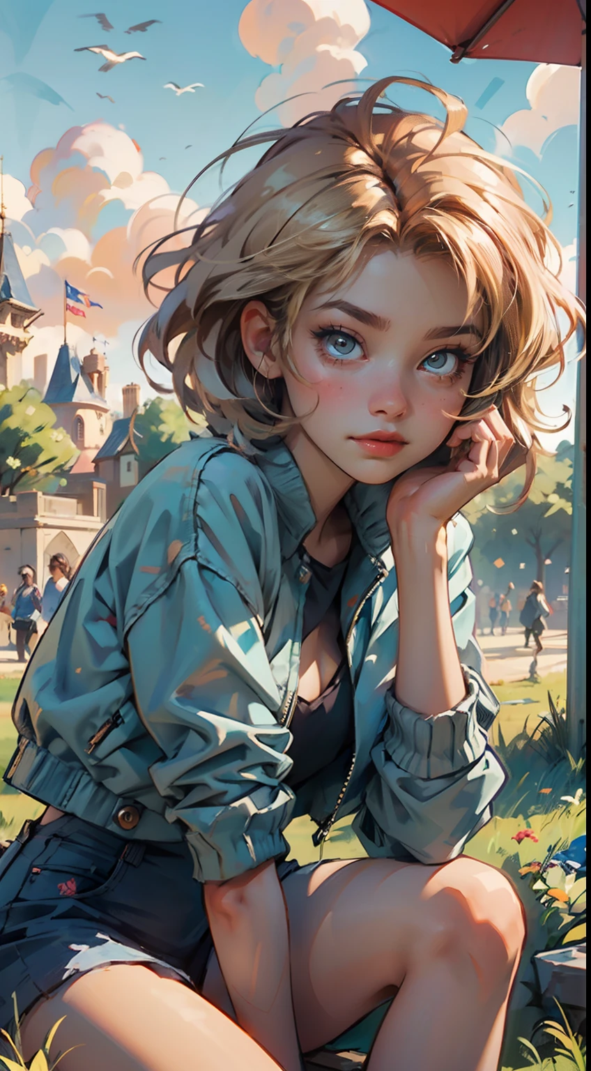 4K, high resolution, Best quality, Masterpiece, perfect, really warm colors, perfectly shaded, Perfect lighting, posted on e621, ((Disney style)), masterpiece, digital paint, (close up, Cute girl, 20 years old, blond short hair), touching her hair, sitting in the grass in a hide park in London. 1990s \(style\),