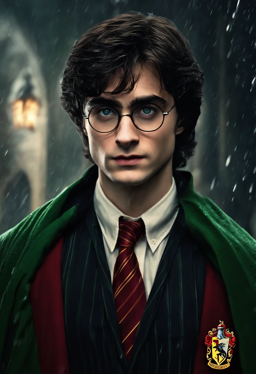 Harry potter in the rain , his messy black hair, wearing glasss, green eyes, wizard, robes, in school, gryffindor, red tie, black coat