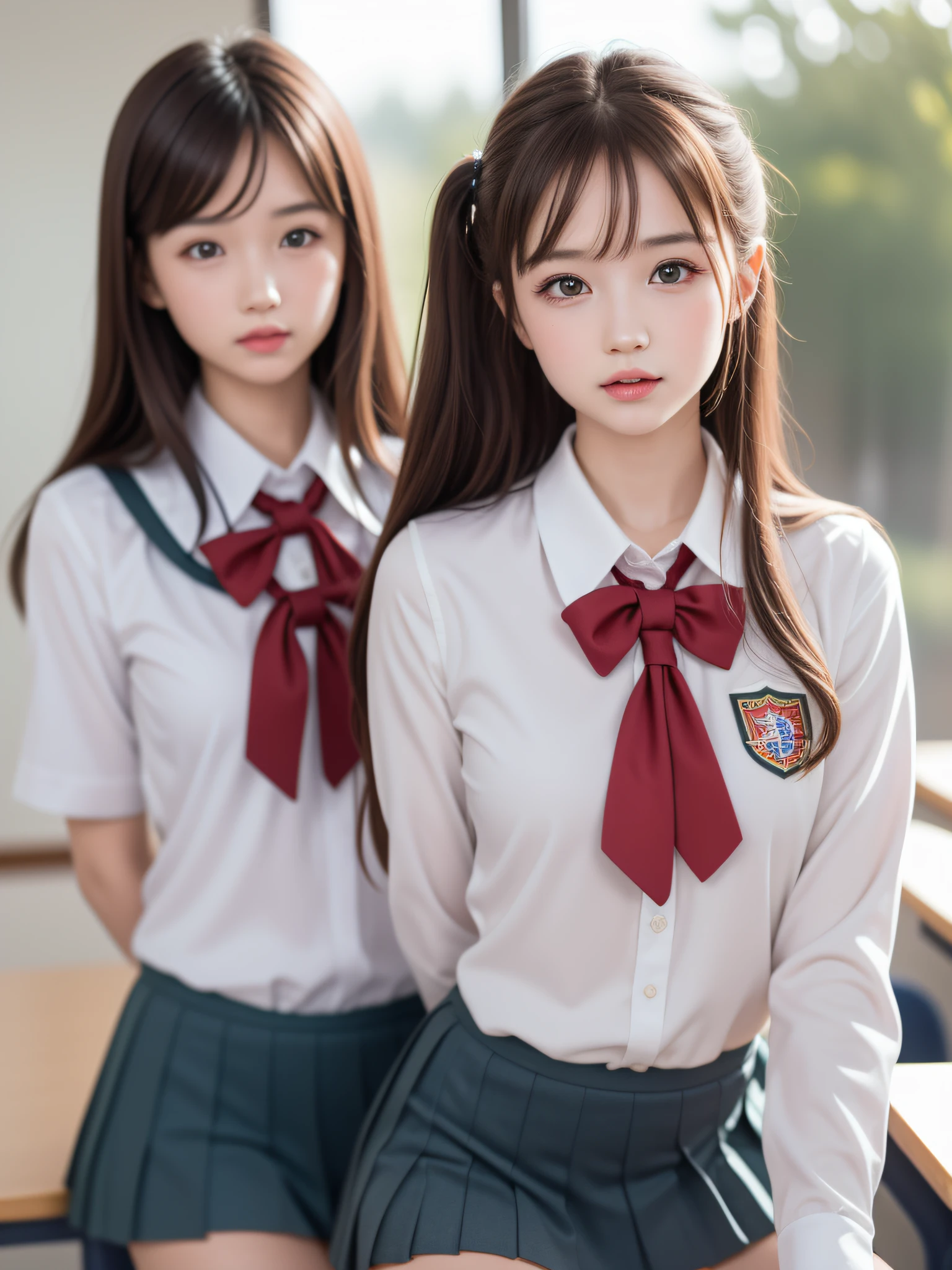 ((2ung girls)), (highly detailed Beautiful face), Amazing face and eyes, (Best Quality:1.4), (Ultra-detailed), (extremely detailed CG unified 8k wallpaper), Highly detailed, High-definition raw color photos, Professional Photography, Realistic portrait, Amazing face and eyes, Pink eyes, twintails, (hi-school uniform, pleated mini skirt:1.3), (hi-school uniform with wide open breasts:1.2), (See-through sheer panties), ((Beautiful breasts)), (bare breasts:1.1), brown hair, model, (no bra, no panties:1.2), Sitting, ((open your legs)), cameltoe, (((Bokeh))), depth of fields, School, classroom,