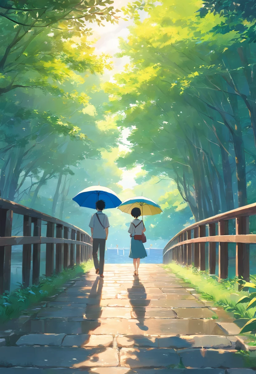 An ancient couple watching the scenery on the stone bridge,There is a willow tree next to it,There was light rain in the sky,Boys playing in white oil-paper umbrellas,Two people hiding under an umbrella,Both boys and girls have beautiful and delicate blue eyes,Delicate composition。