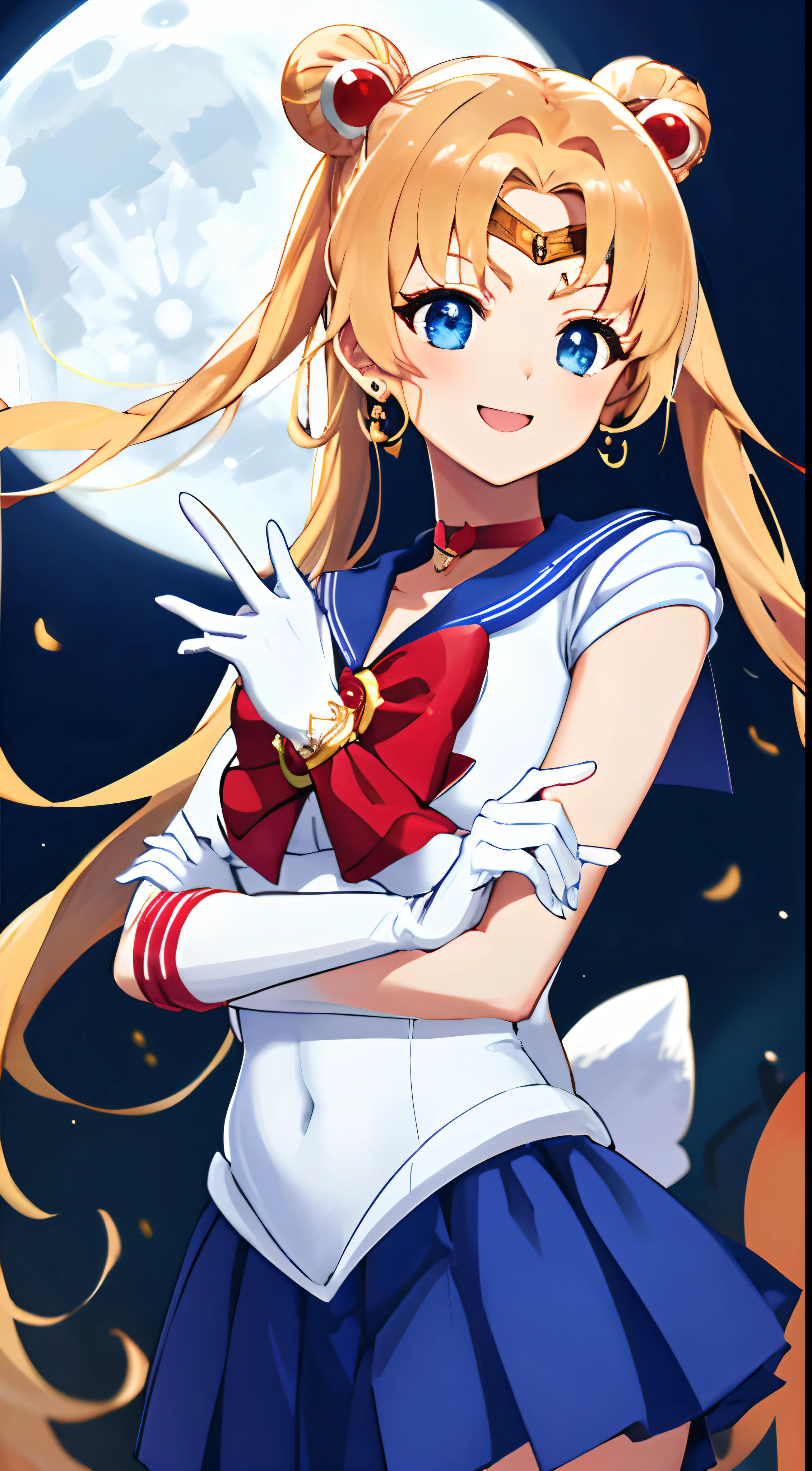 1girl, solo, gloves, long hair, tsukino usagi, white gloves, twintails, skirt, double bun, jewelry, sailor senshi uniform, blonde hair, sailor moon, hair bun, blue eyes, choker, earrings, magical girl, sailor collar, bow, hands on hips, looking at viewer, crescent, crescent earrings, hair ornament, smile, heart brooch, pleated skirt, collarbone, covered navel, brooch, cowboy shot, red bow, white skirt, bangs, star (symbol), sleeveless, heart, very long hair,<lora:flyx3_XL:1>,