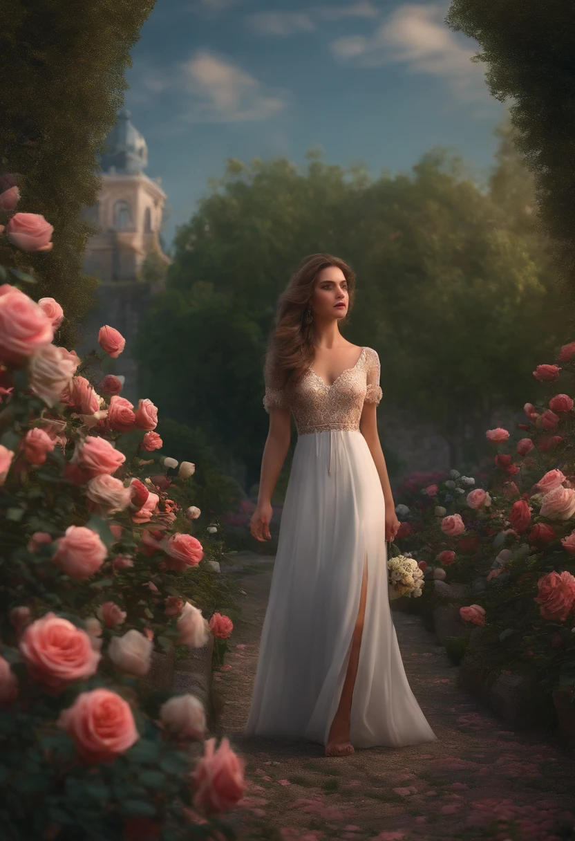 a girl, rose flower garden , Pebble path, Masterpiece, Best quality, Anatomically correct, High details, 8K, the wallpaper