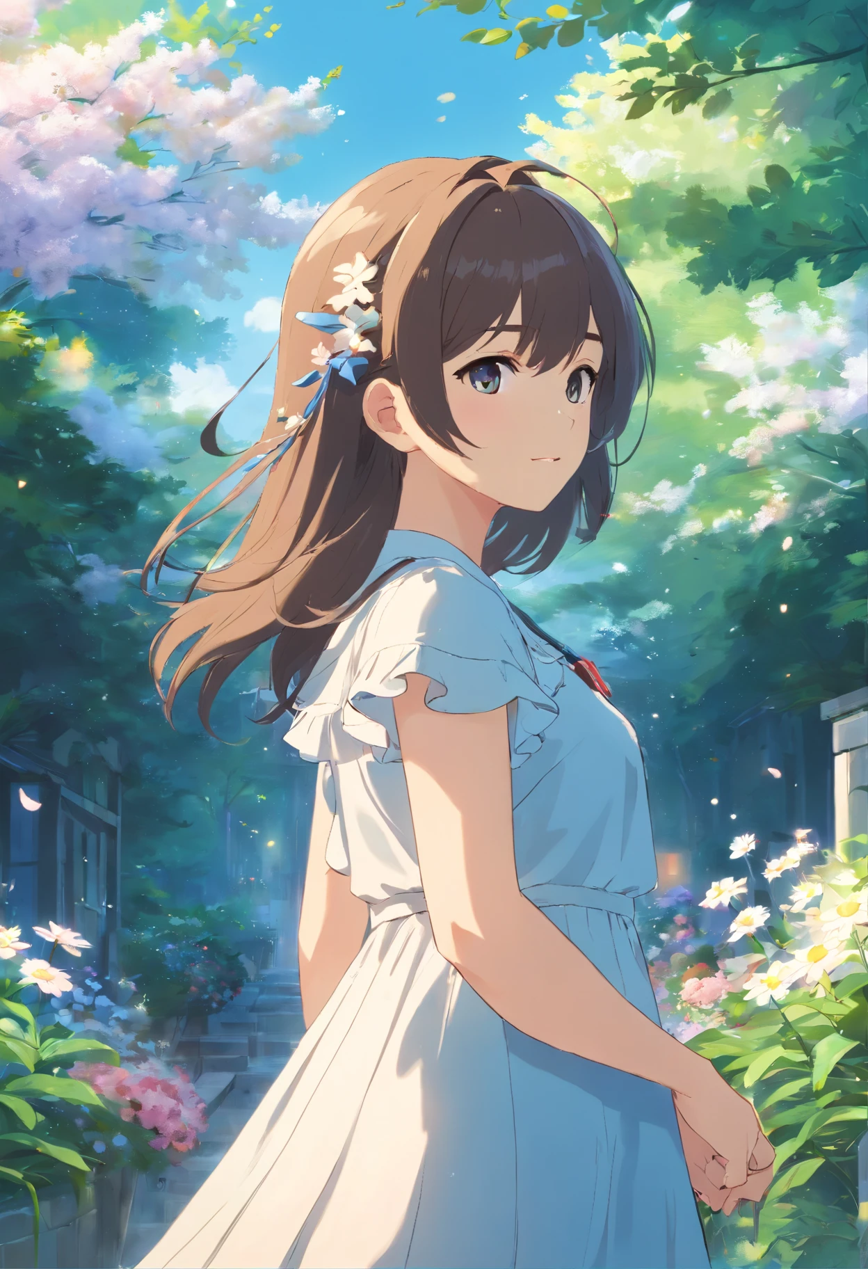(tmasterpiece、top-quality、illustratio、Extremely high quality、high-level image quality、Extremely sensitive writing)Girl with long silver hair standing in beautiful flowery garden、A slight smile、She has a large bouquet、Cute national costume style dress,There are ruffles on the shoulders、Hair fluttering in the wind