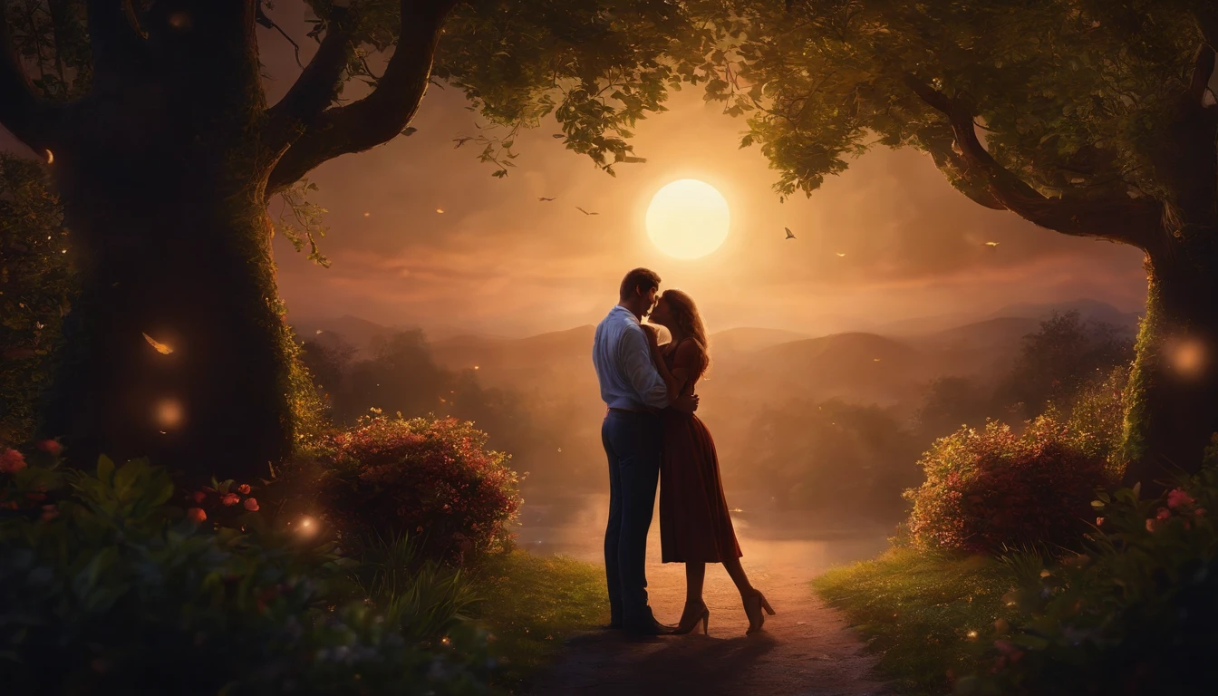 "under moonlight,Young couple in the garden hugging tightly,The streets are filled with tranquil and romantic atmosphere。warm color,best qualtiy,hyperdetailed illustration,8K resolution concept art wallpaper,Epic fantasy art,Natural lighting against dark background。"