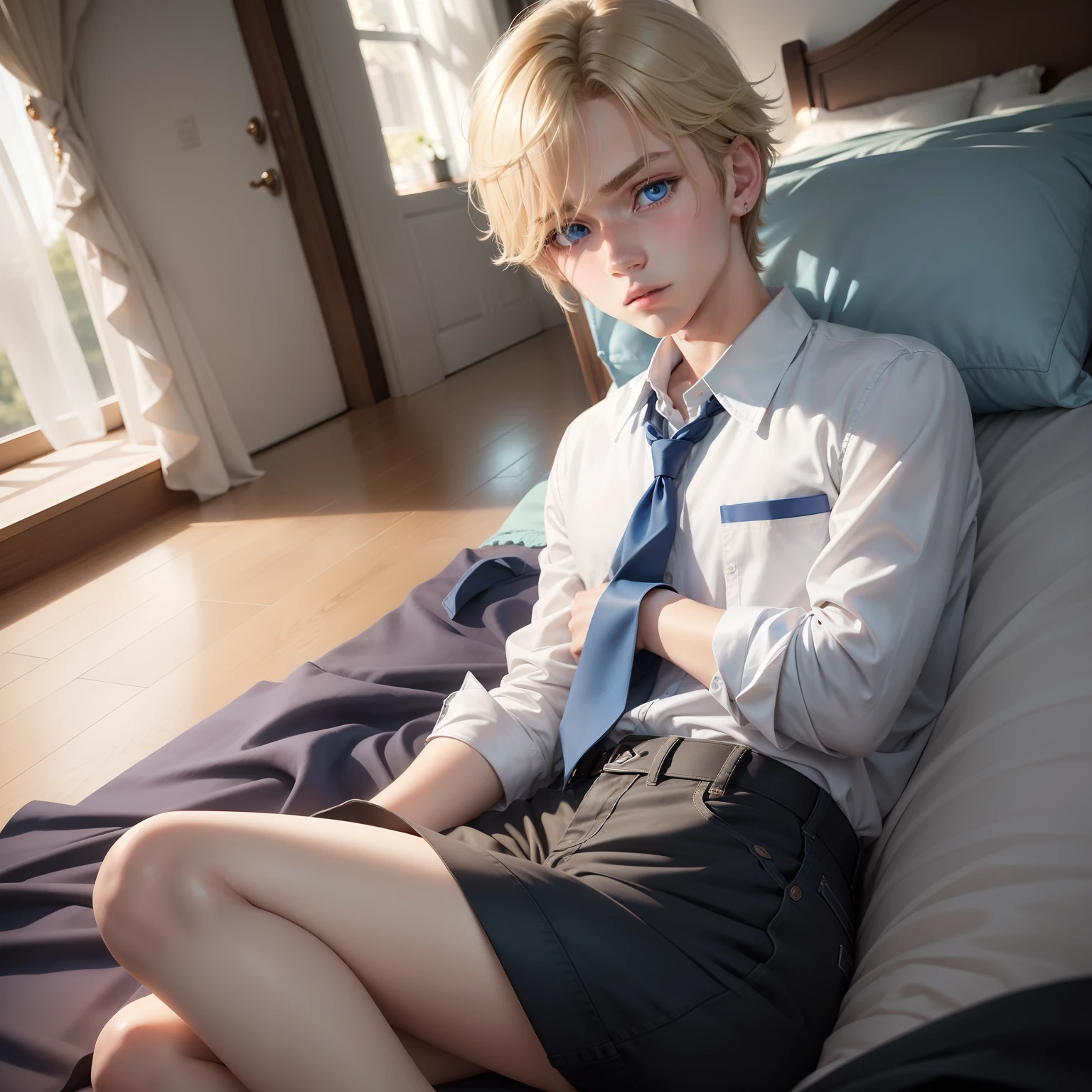 3d, 1boy, cute boy, 14yo, looking at viewer, cute, 8k, best defention,blonde hair, short hair, spiky hair, light blue eyes, home muji style, satin pajamas shorts, material is shiny,shy, open legs, detailed face
