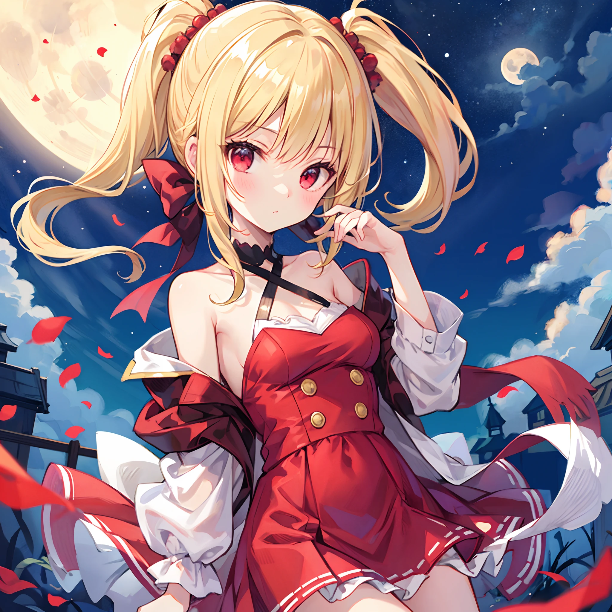 a blond、poneyTail、red eyes、Beautiful girl alone、doress、off shoulders、a miniskirt、Black tights、a moon、natta、Gentle expression