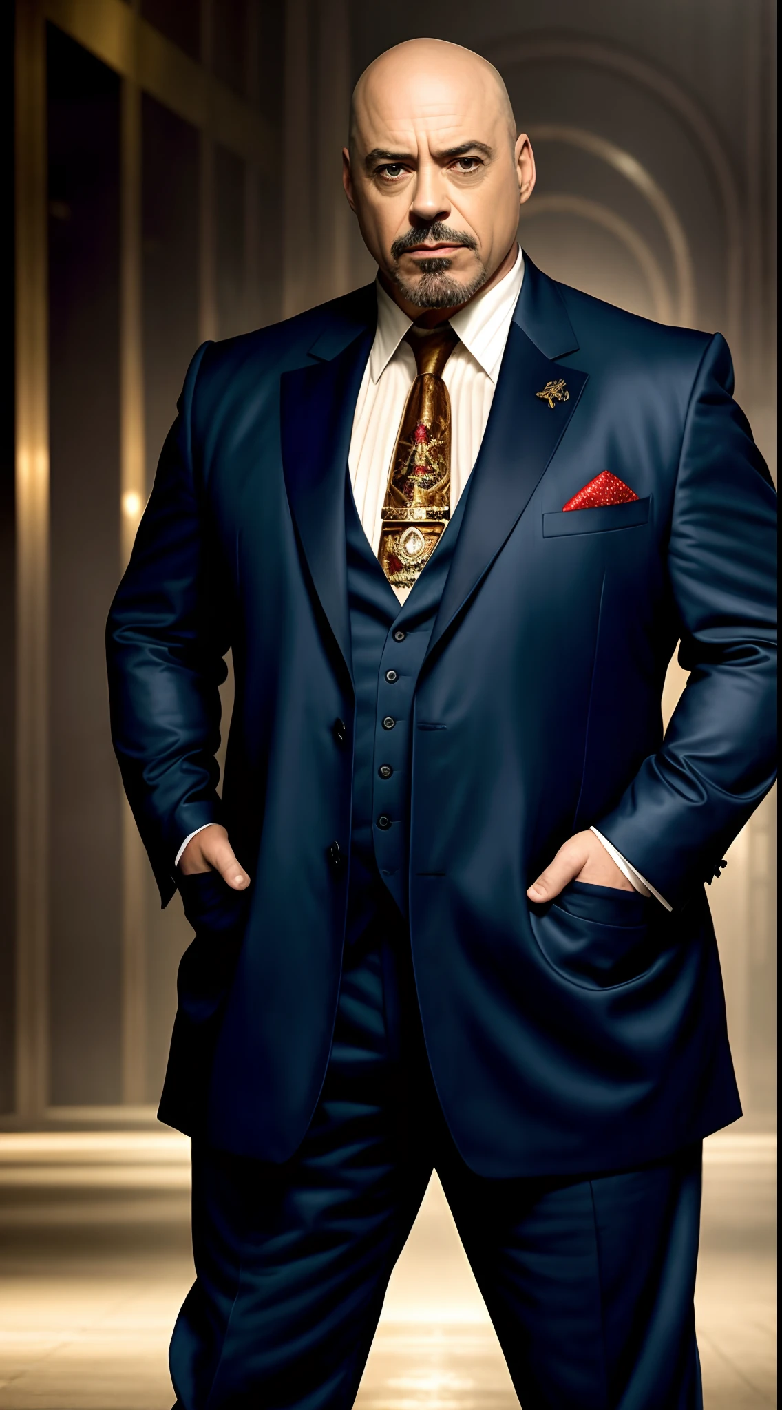 (extremely detailed 8k wallpaper), realistic photo of Robert Downey Jr as The Kingpin, fat body, bald, Intricate detail, High Detail, dramatic, evil smile, apocalyptic background, head room space, 8k, photorealistic, full body shot