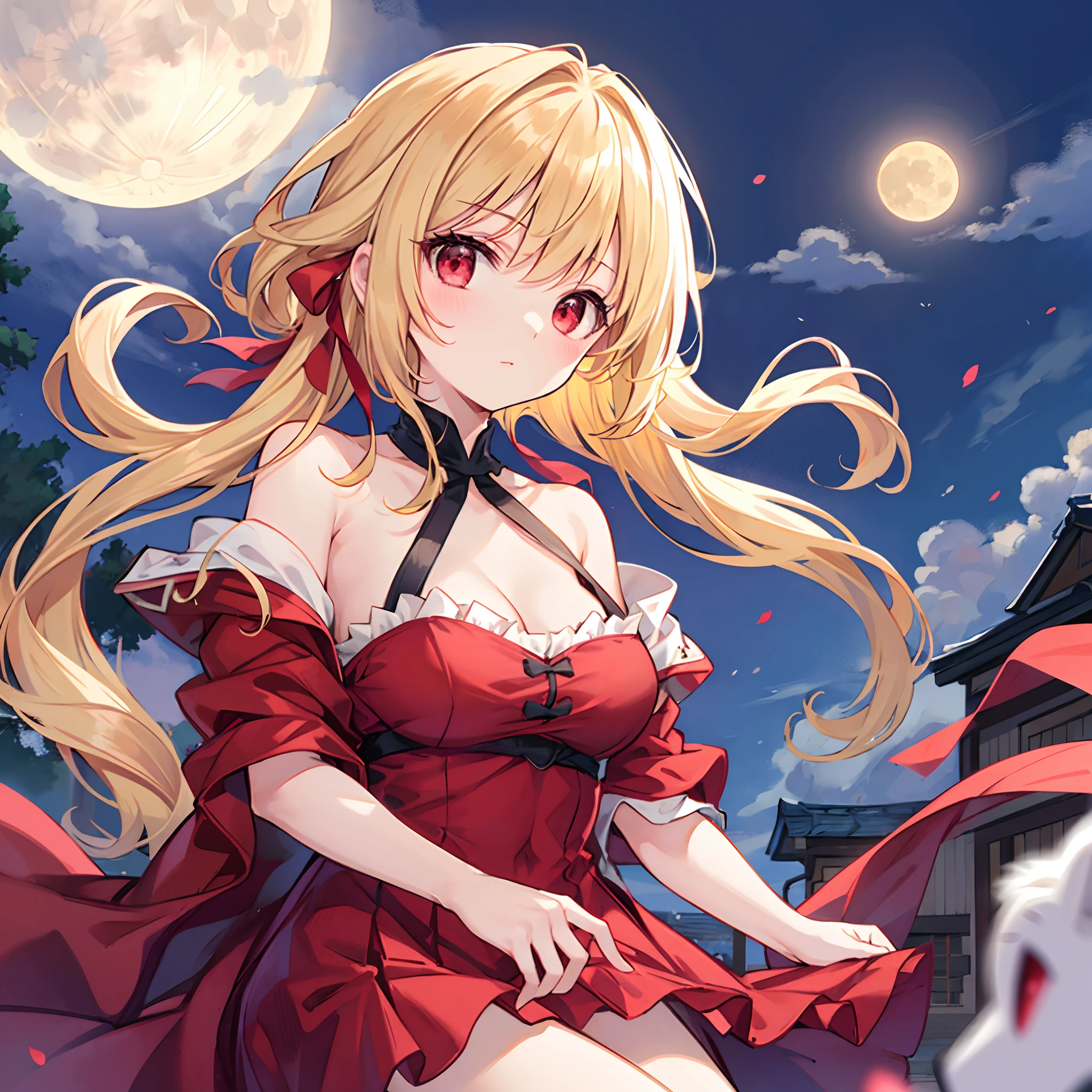poneyTail、a blond、Vampire、red eyes、Beautiful girl alone、Light yellow dress、Gentle expression、a moon、Midnight、