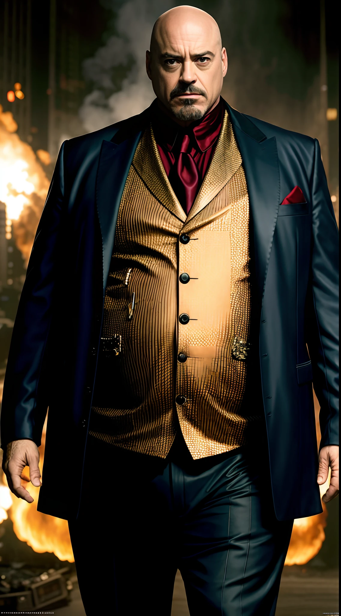 (extremely detailed 8k wallpaper), realistic photo of Robert Downey Jr as The Kingpin, fat body, bald, Intricate detail, High Detail, dramatic, evil smile, apocalyptic background, head room space, 8k, photorealistic, full body shot