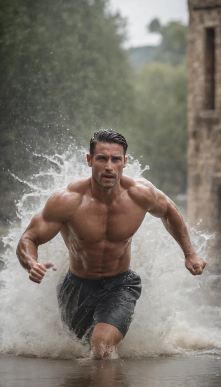 Un hombre musculoso corriendo en una tormenta con rayos y agua , Cinematic and realistic shot