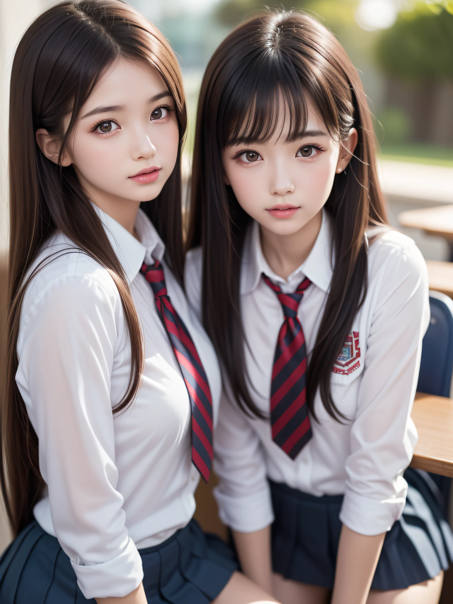 (2young girls), (highly detailed Beautiful face), Amazing face and eyes, (Best Quality:1.4), (Ultra-detailed), (extremely detailed CG unified 8k wallpaper), Highly detailed, High-definition raw color photos, Professional Photography, Realistic portrait, Amazing face and eyes, Pink eyes, (hi-school uniform, pleated mini skirt:1.3), twintails, brown hair, model, (white underwear:1.3), (((Bokeh))), depth of fields, School, classroom, sitting, view from below,