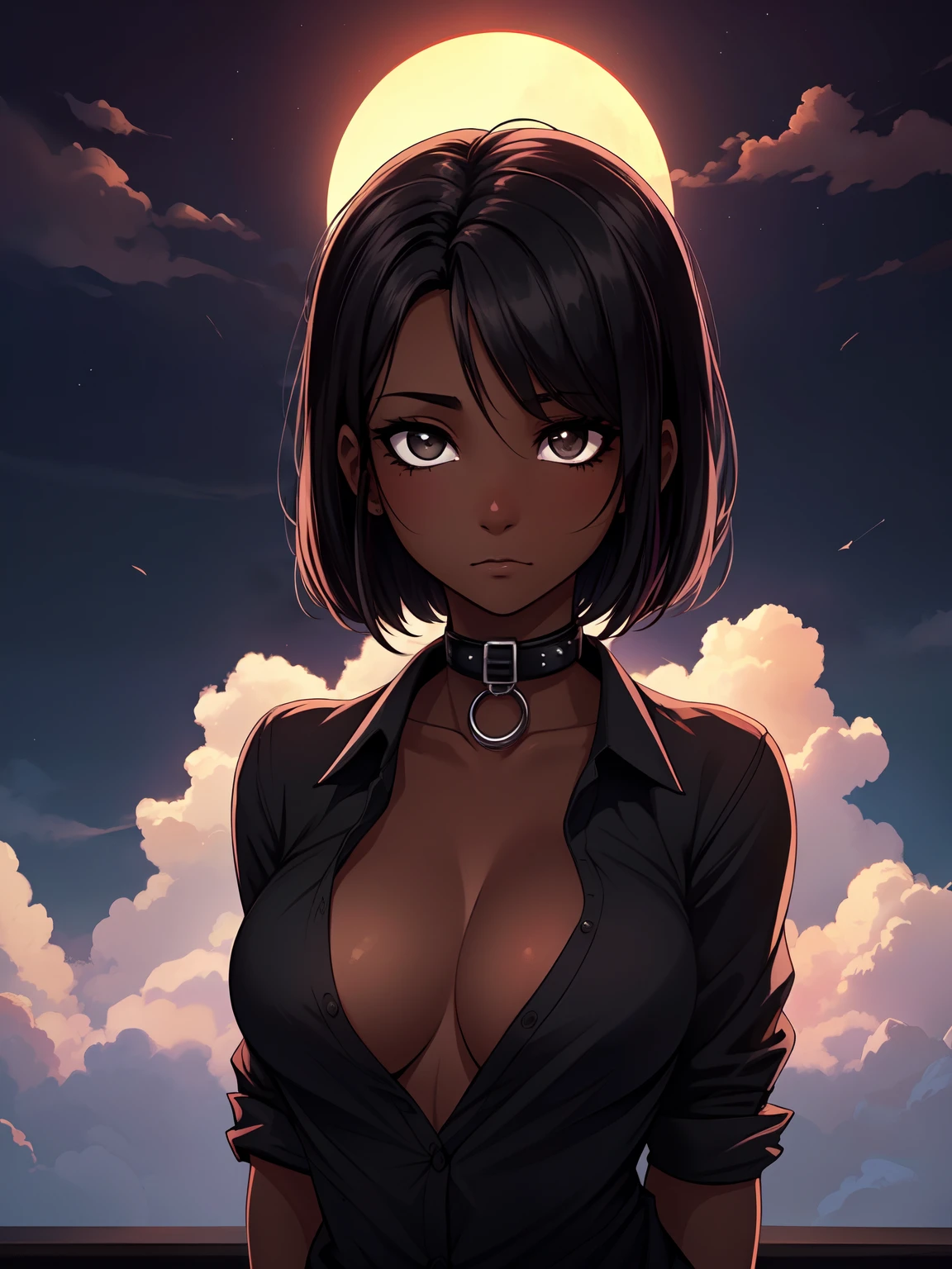 1 girl, (dark skin:1.2), shy, cute, cold expression, (8k, RAW photo, best quality, masterpiece:1.2) ultra-detailed, Super detailed, vivid colors, studio lighting, portrait, black coloured eyes, Night clouds background, Aesthetic, romantic, Luna, wearing goth collar, black hair, unbuttoned shirt revealing her chest