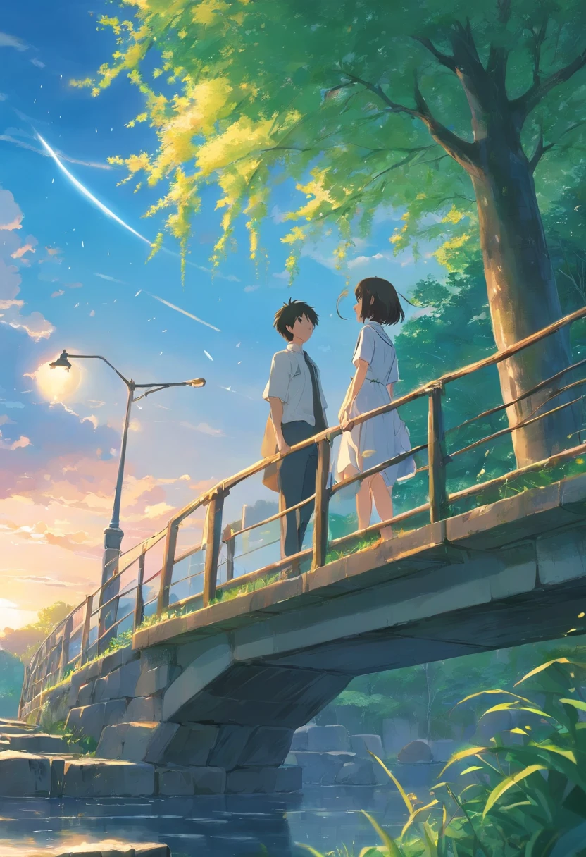 An ancient couple looking at the scenery on a stone bridge,There is a willow tree next to it,There was light rain in the sky,The boy was dressed in a white oil-paper umbrella,Two people hiding under an umbrella,Both boys and girls have beautiful and delicate blue eyes,Look at each other,Delicate composition。