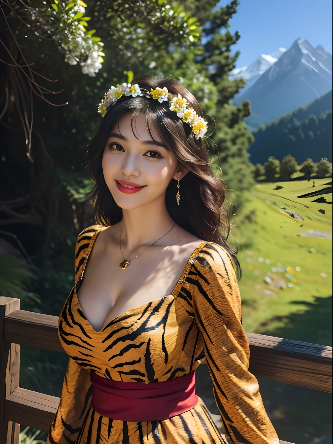Morning in the mountains, 1 Smiling girl,a tiger, Turning Head, parted lip, 8K, Best quality,High quality deep V dress, Masterpiece,rich facial texture, full bodyesbian, beautiful pendant, Medium breasts, jewelry, Earrings, cleavage, Floral_print, Long_Sleeves,flower headpiece,Sexy pose, Hair_flower, sash,