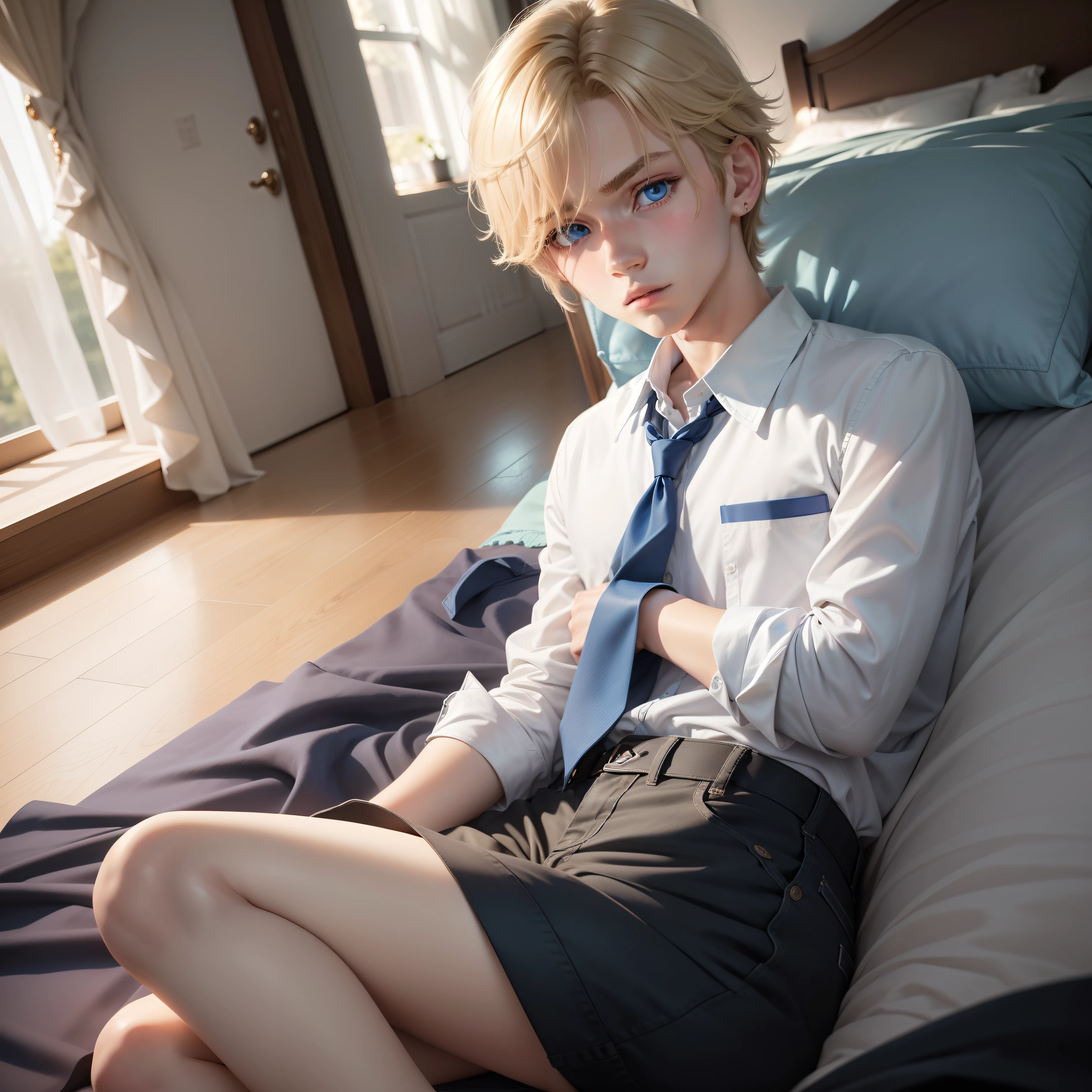 1 boy,beautiful expression,fleeting, student,Eye color:Blue,Lying down,Hair color:a blond,hairstyle on:Bob Hair,garments:Collared shirt,Skinny Jeans,(top-quality,masterpiece)