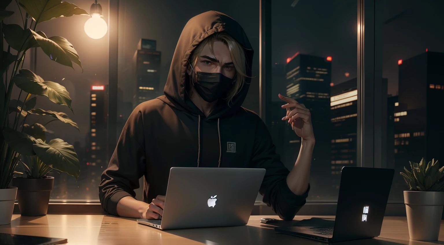 A man  wearing a hoodie and  mask with his 2 hand on the desk and a laptop front of the man. A window behind the man with beautiful view outside. Night. Only one laptop on the desk.